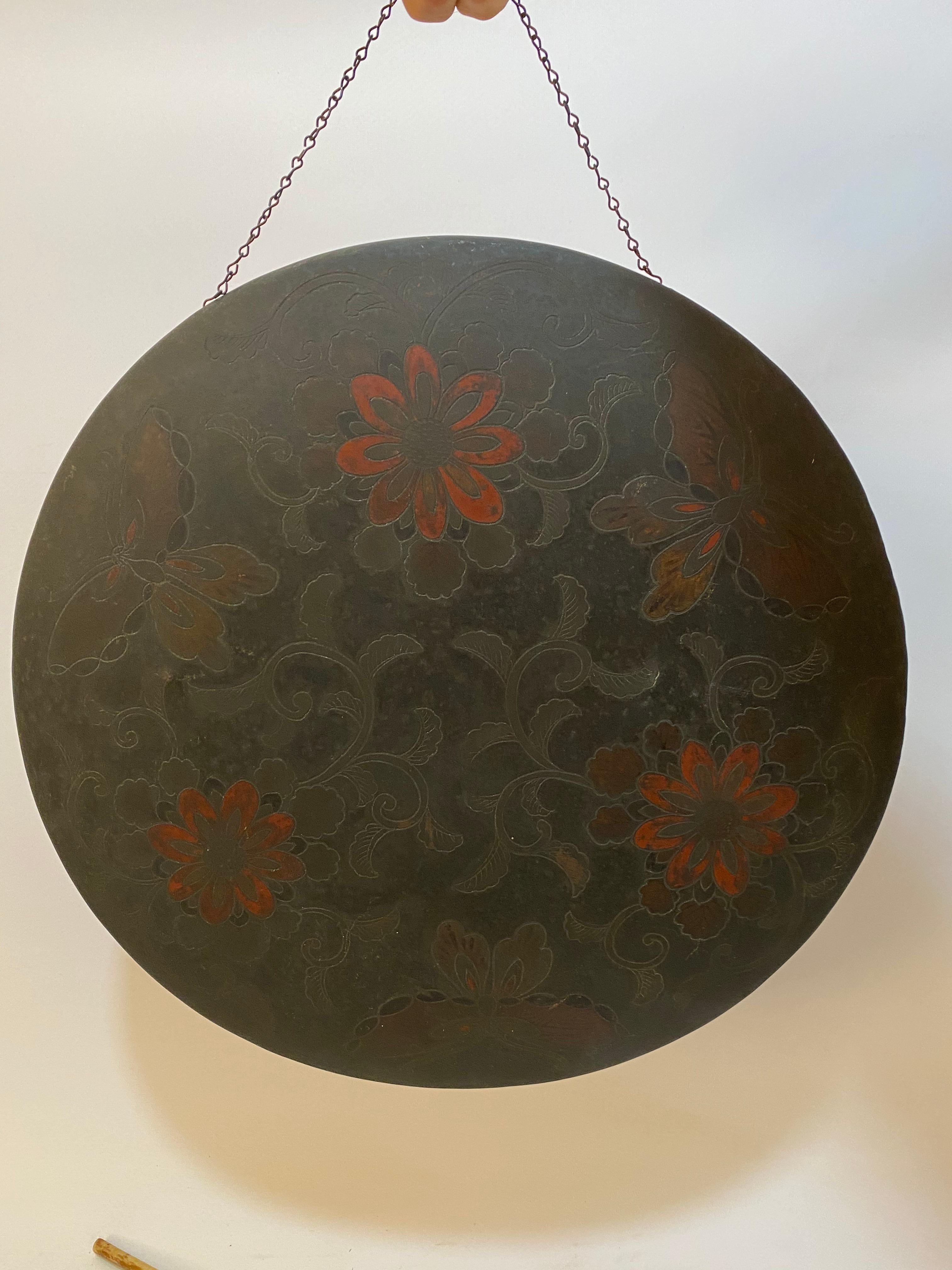 Japonisme Japanese Butterfly and Floral Enameled Brass Gong