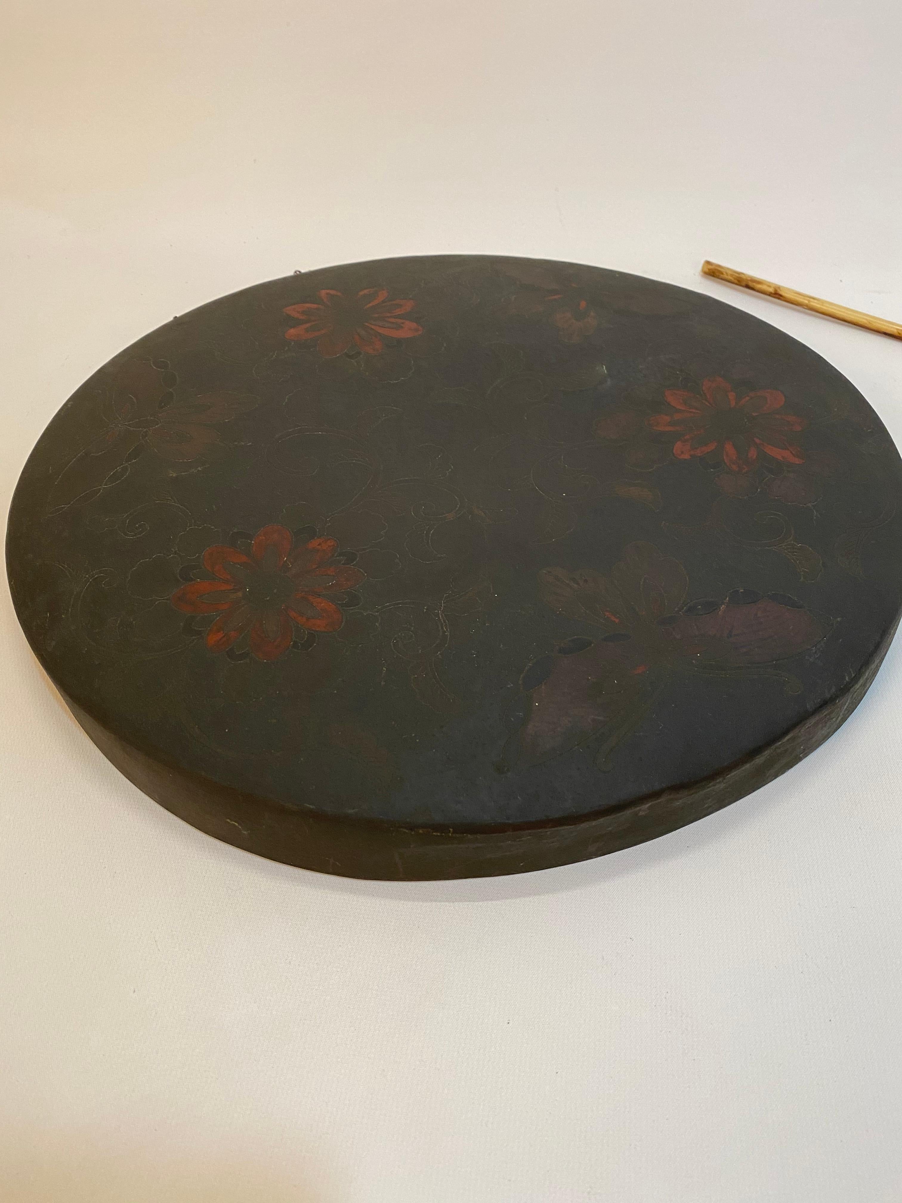 Japanese Butterfly and Floral Enameled Brass Gong In Good Condition In Garnerville, NY