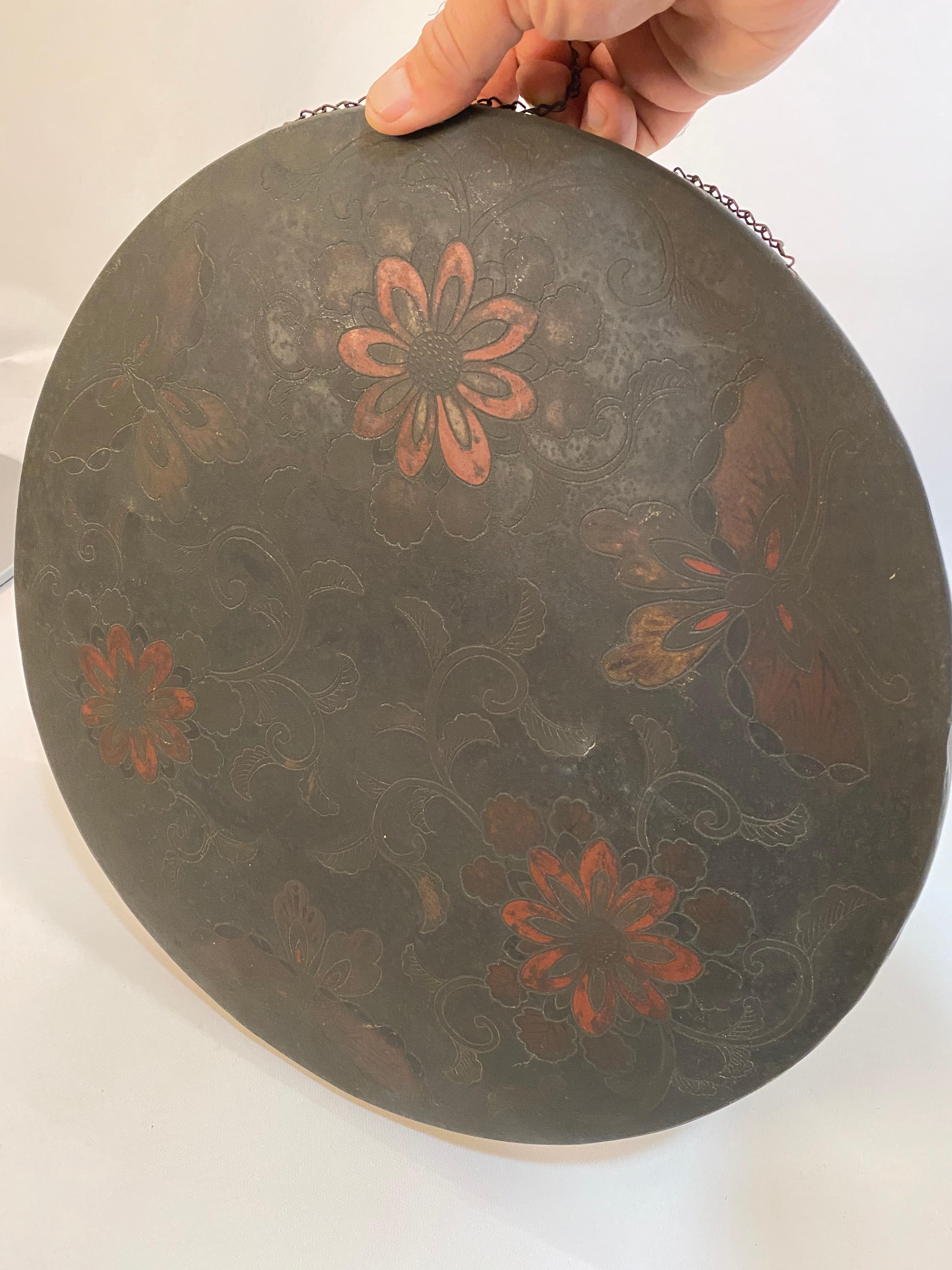 19th Century Japanese Butterfly and Floral Enameled Brass Gong