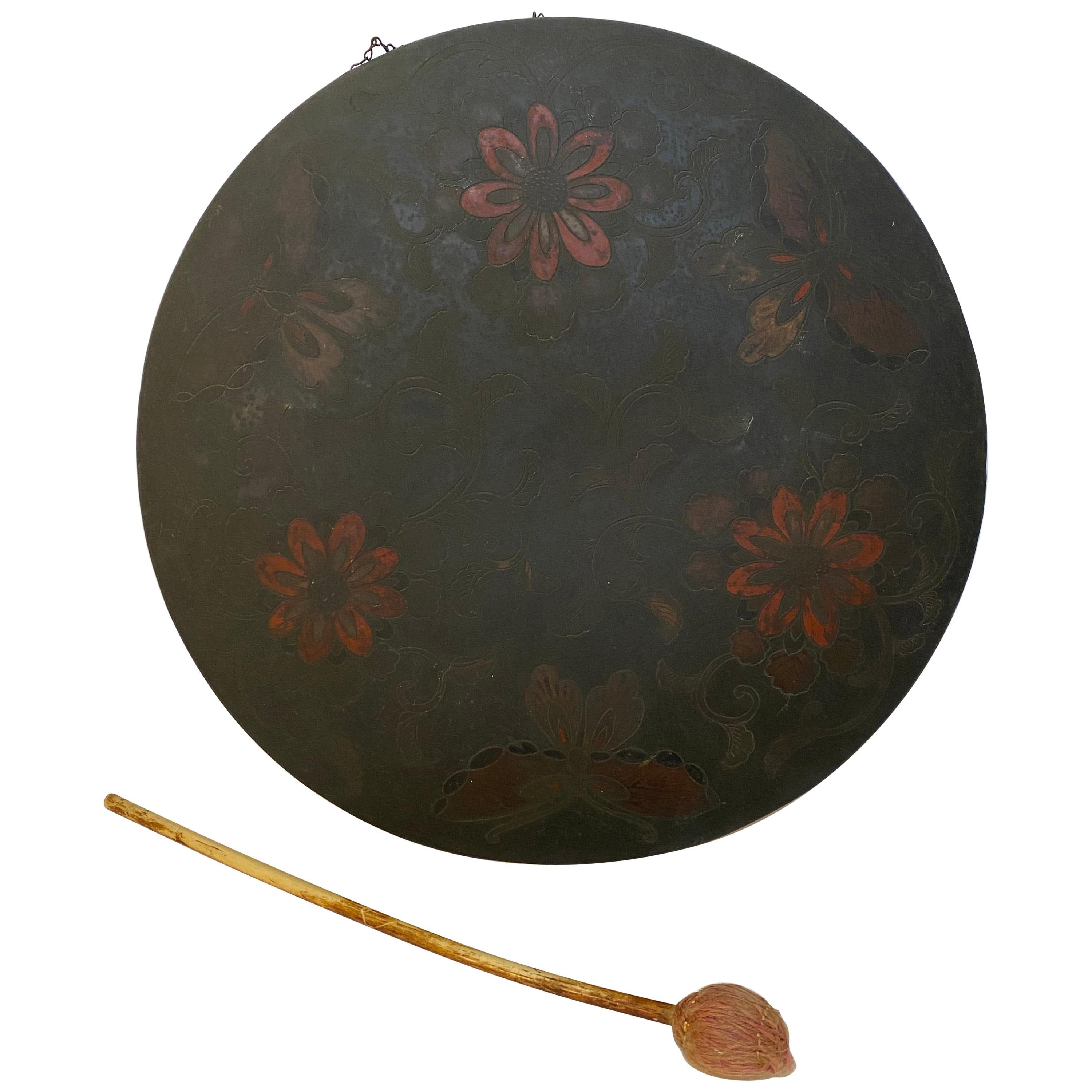Japanese Butterfly and Floral Enameled Brass Gong