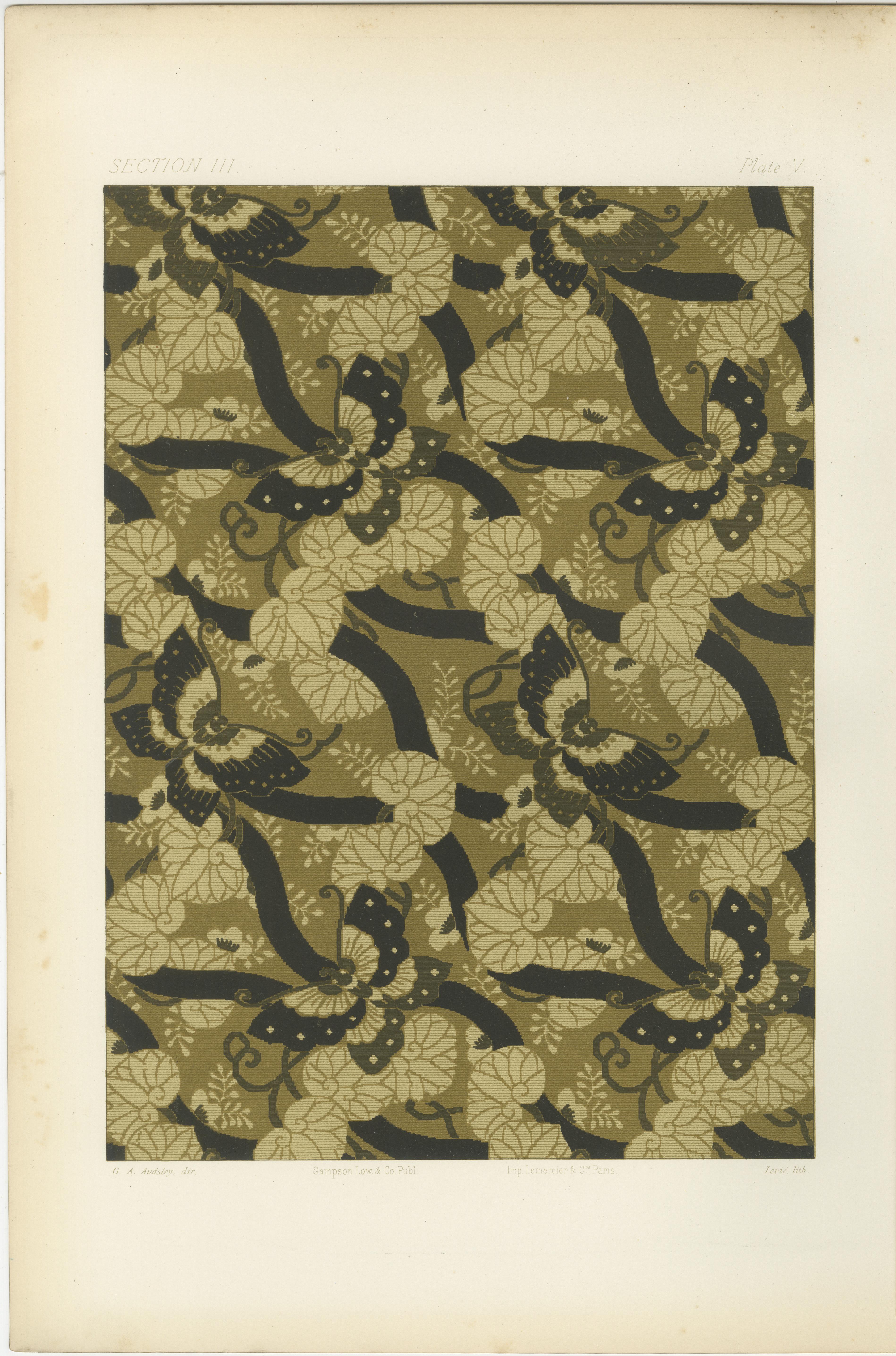 Papillon japonais et design textile de vigne : Lithographie ancienne, années 1880 en vente 1