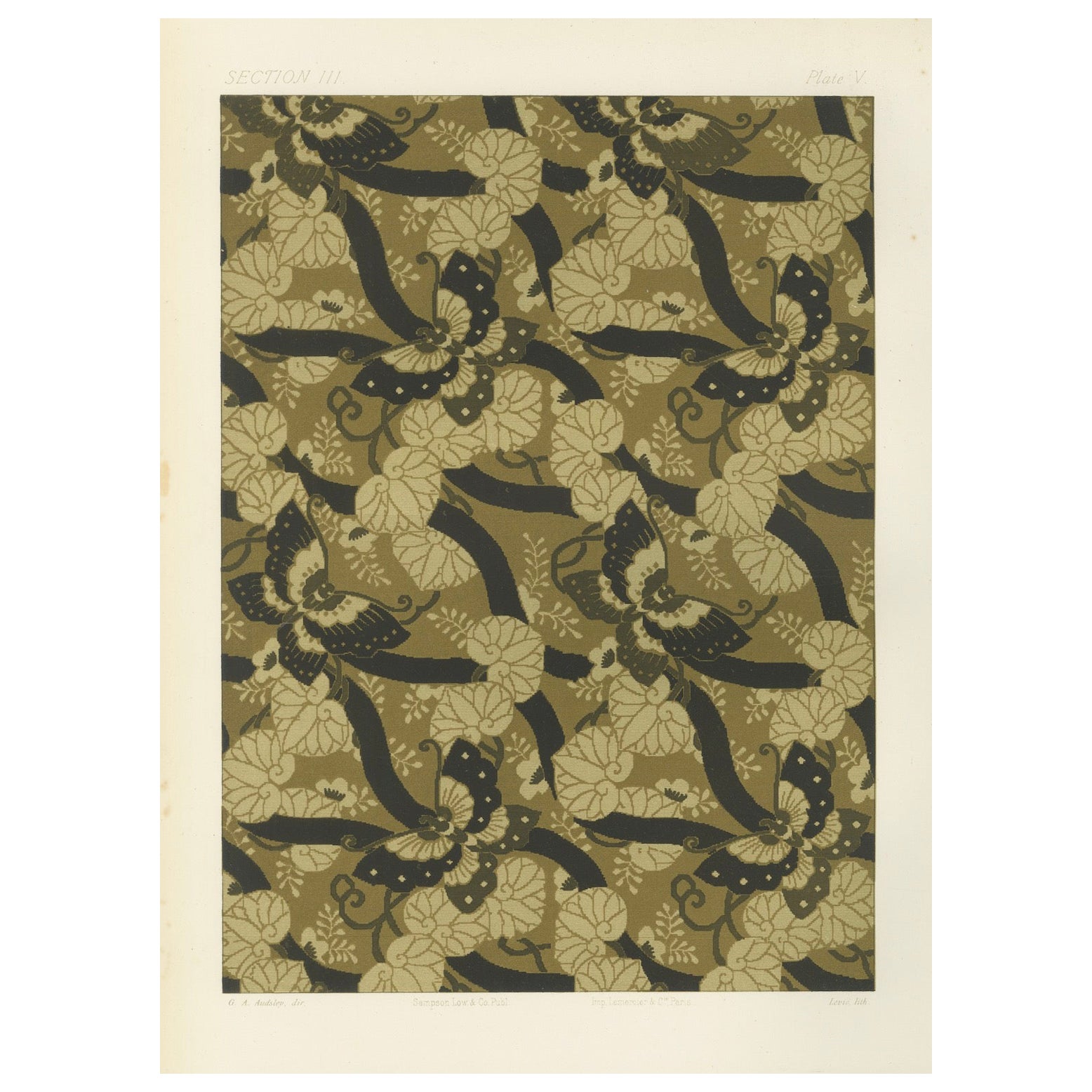 Japanese Butterfly and Vine Textile Design: Antique Lithograph, 1880s