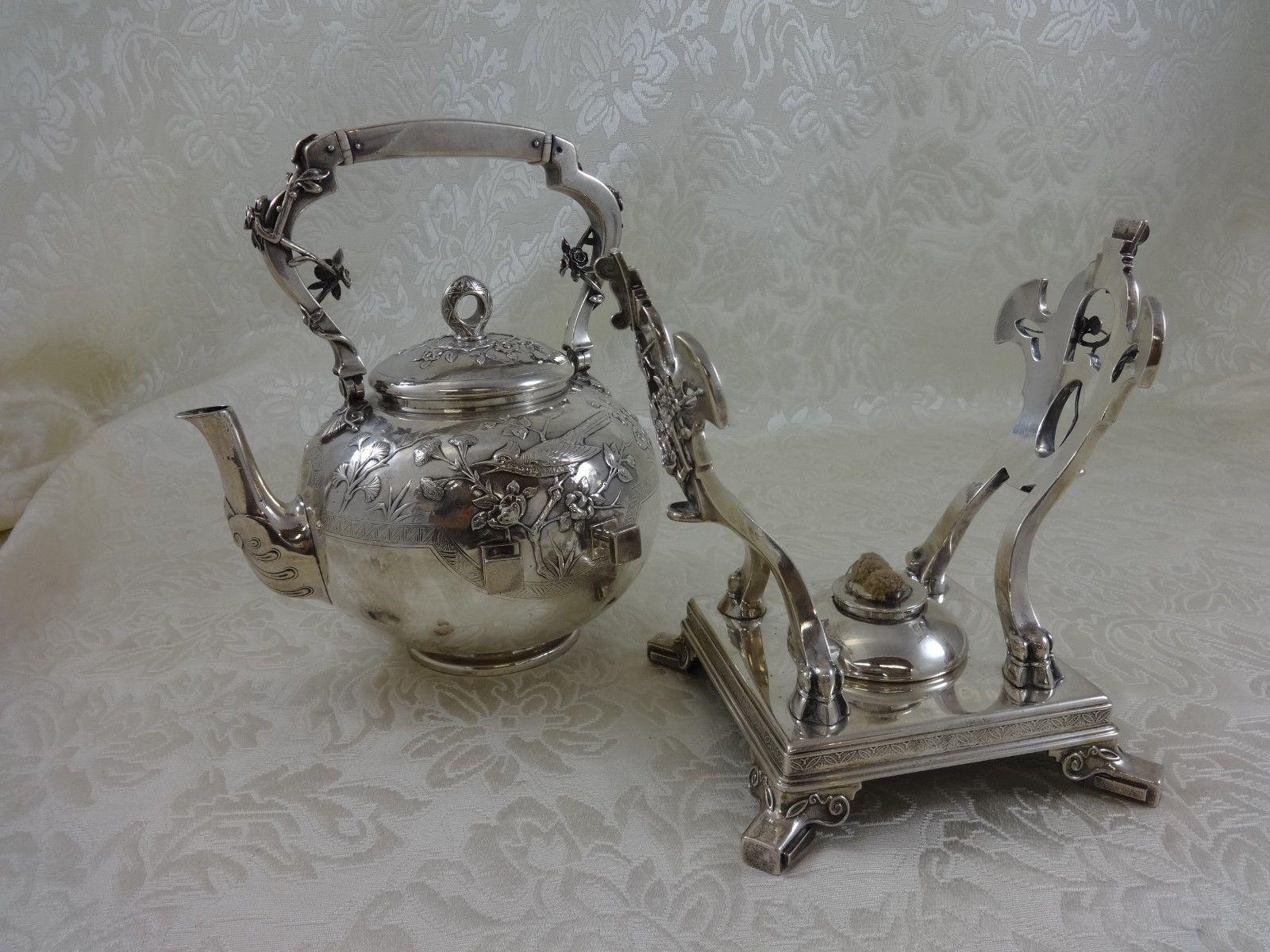 American Japanese by Tiffany & Co. Sterling Kettle on Stand with Birds and Foliage For Sale