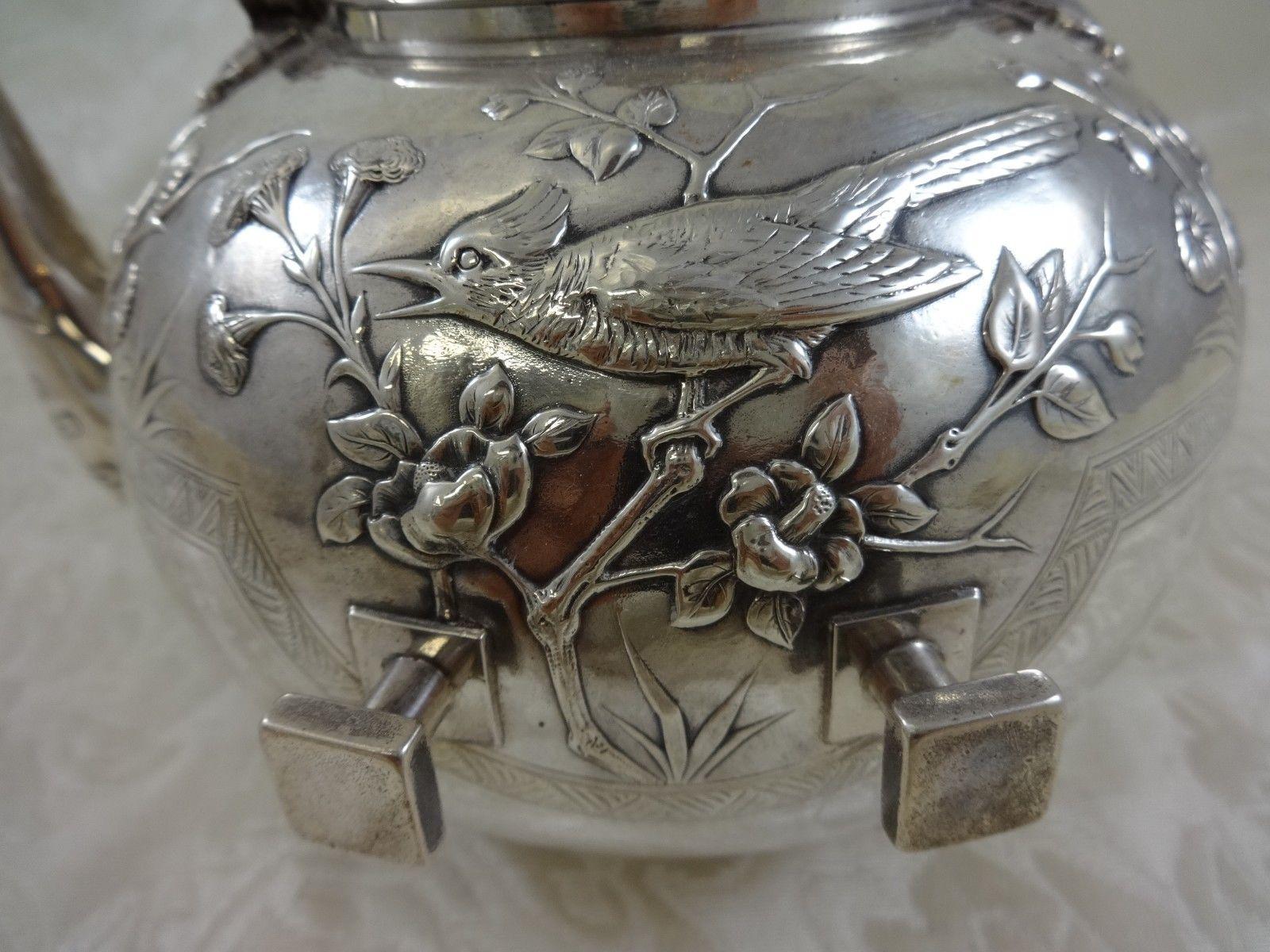 19th Century Japanese by Tiffany & Co. Sterling Kettle on Stand with Birds and Foliage For Sale