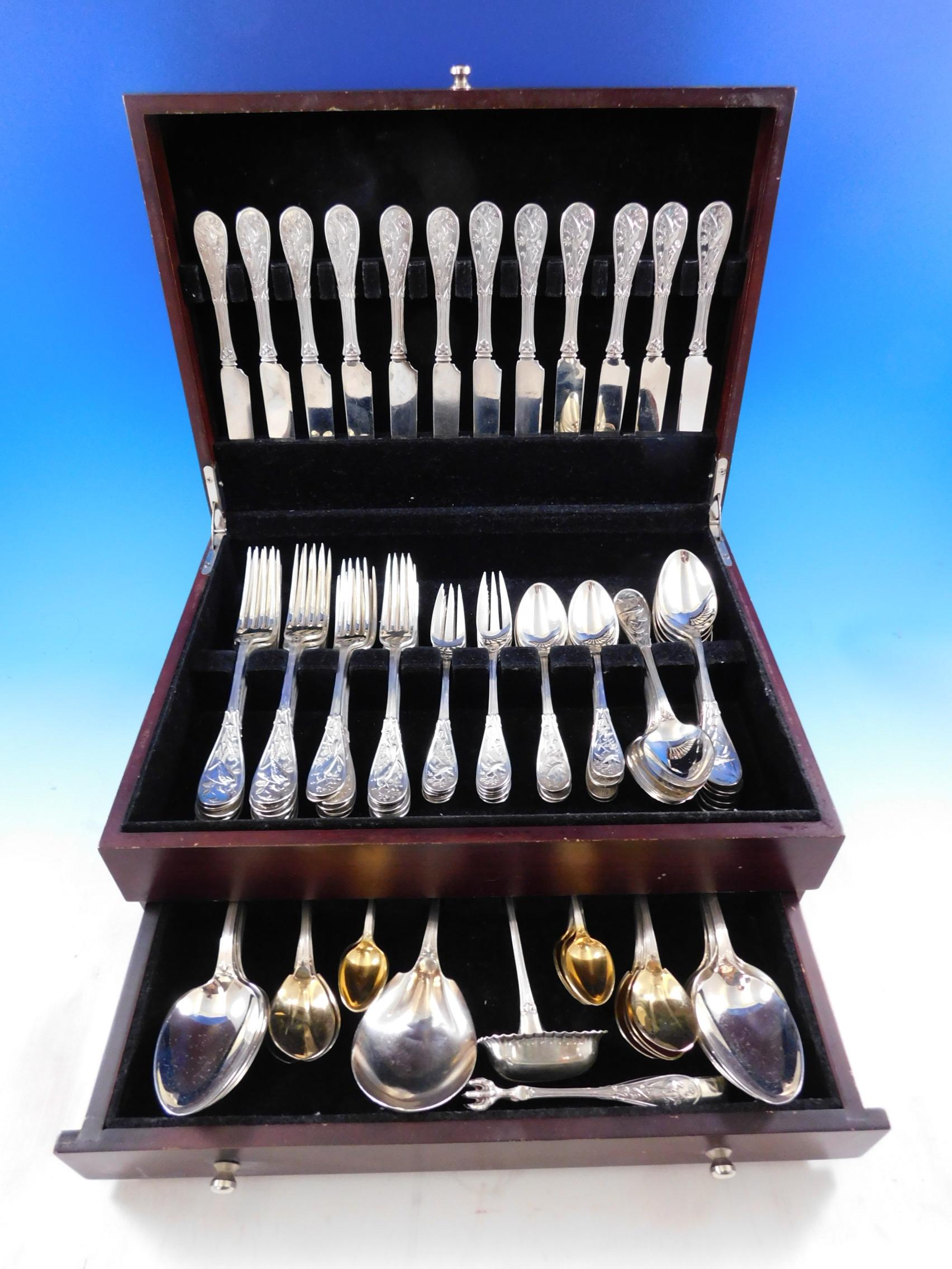 Exceptional monumental antique late-19th century multi-motif Japanese by Tiffany & Co. sterling silver dinner flatware set, 111 pieces. This set includes: 

12 knives, flat handle all-sterling, 8