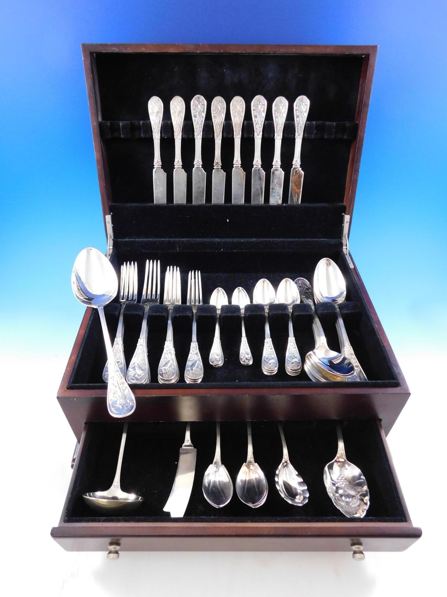 Exceptional antique late-19th century multi-motif Japanese by Tiffany & Co. sterling silver Dinner Flatware set, 61 pieces. This set includes: 

8 knives, flat handle all-sterling, 8