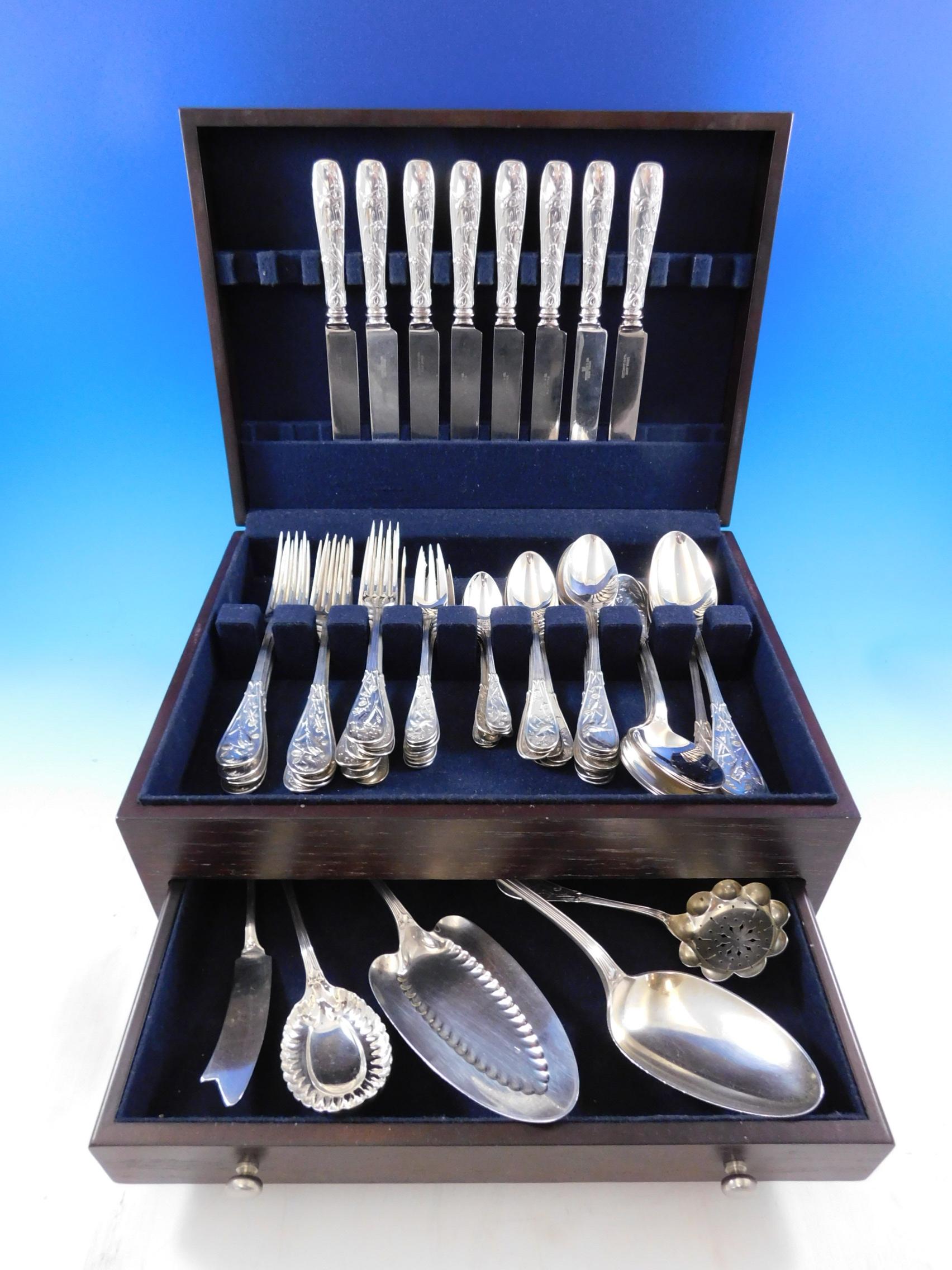 Exceptional antique late 19th century multi-motif Japanese by Tiffany & Co. sterling silver dinner flatware set, 69 pieces. This set includes:

8 regular knives, hollow handle with blunt blades, 9 1/8