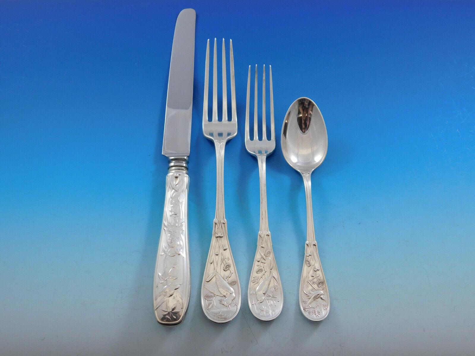 Japanese Tiffany & Co. Sterling Silver Flatware Set Service 77 Pcs Audubon Birds In Excellent Condition In Big Bend, WI
