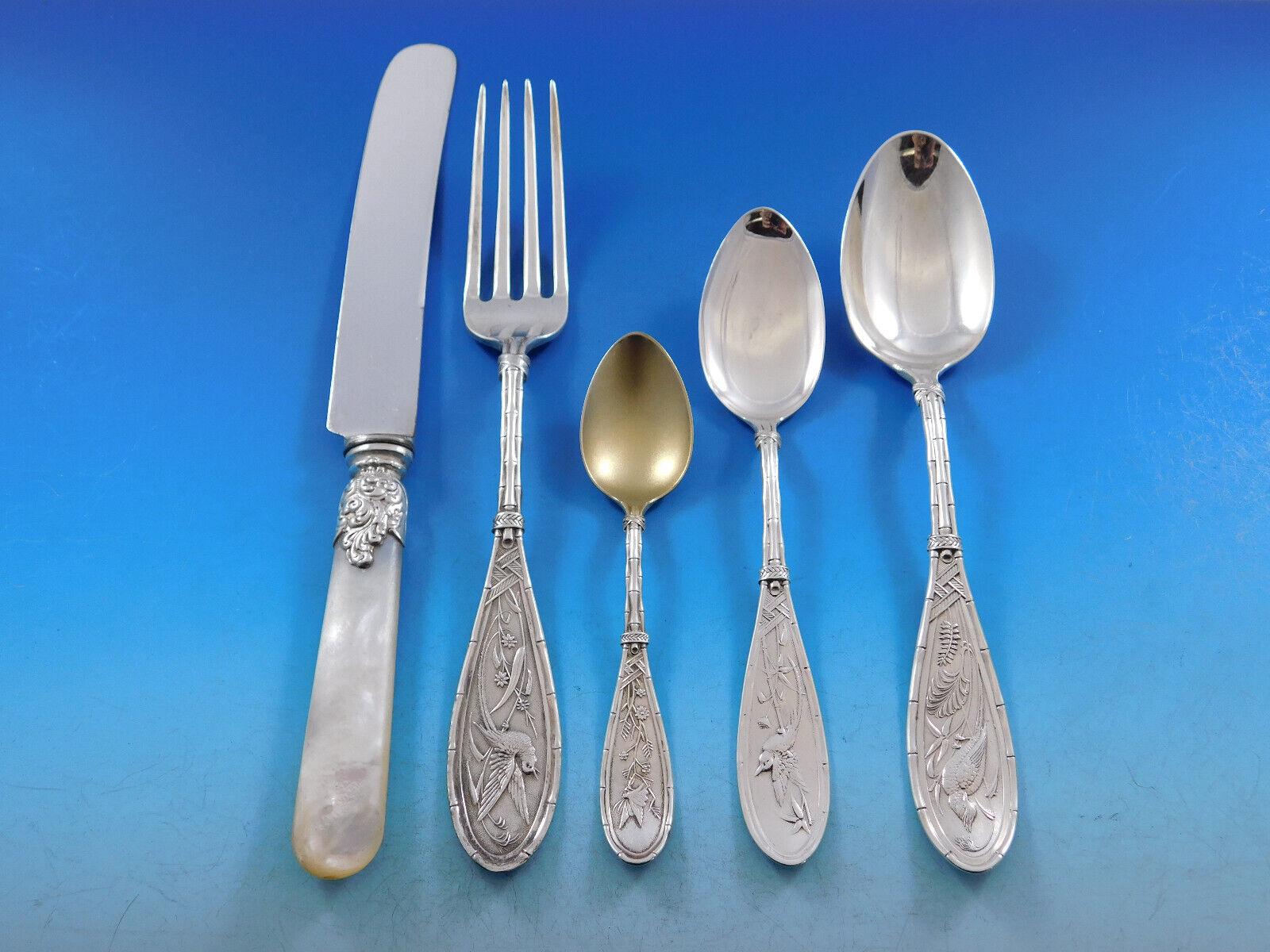 Rare Japanese by Whiting, circa 1874, sterling silver Flatware set - 58 pieces (including 8 Mother of Pearl handle knives) in beautiful vintage chest. This Japonesque pattern features a multi-motif design depicting realistic birds among a background