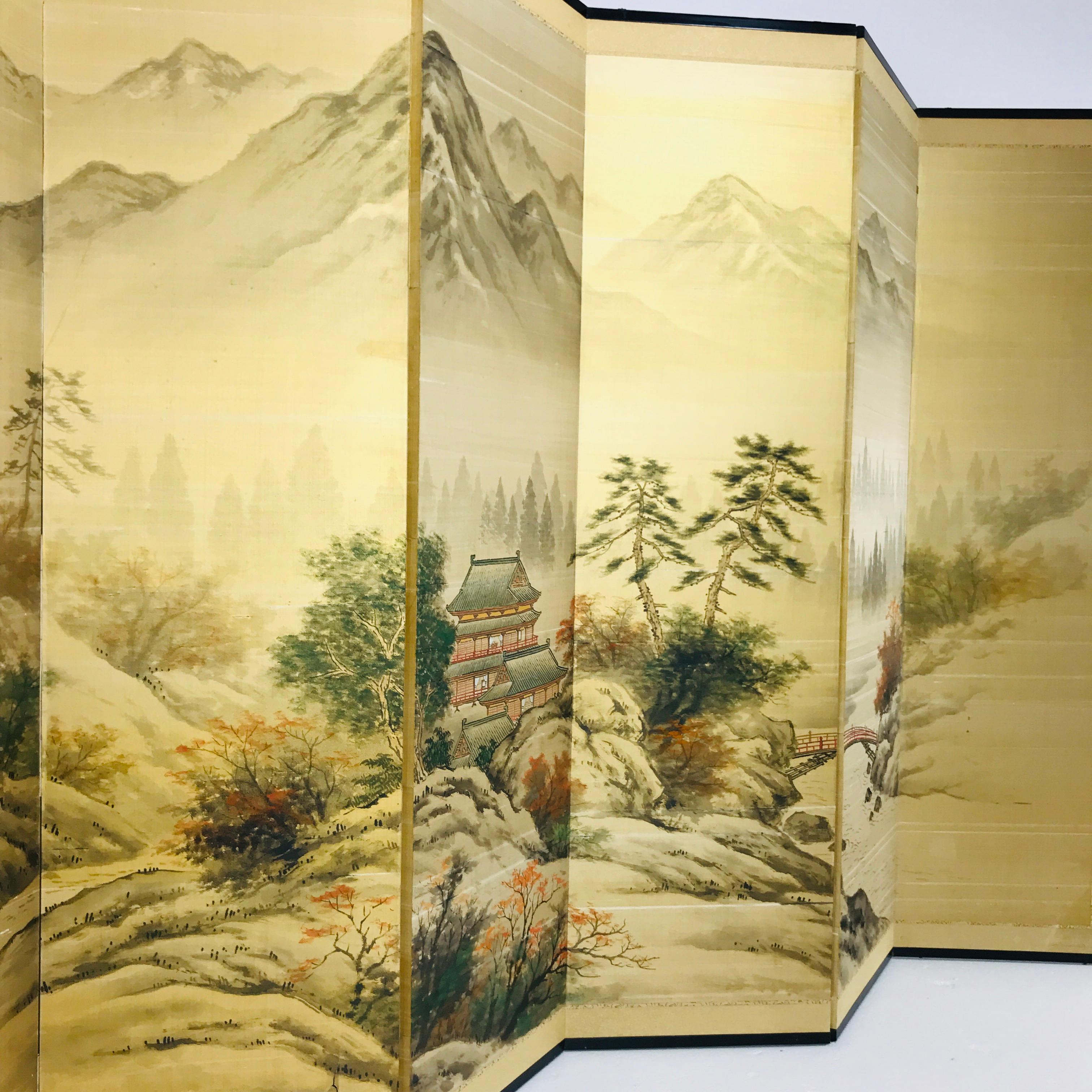 Mid-Century Modern Japanese Byobu Hand Painted Silk Screen