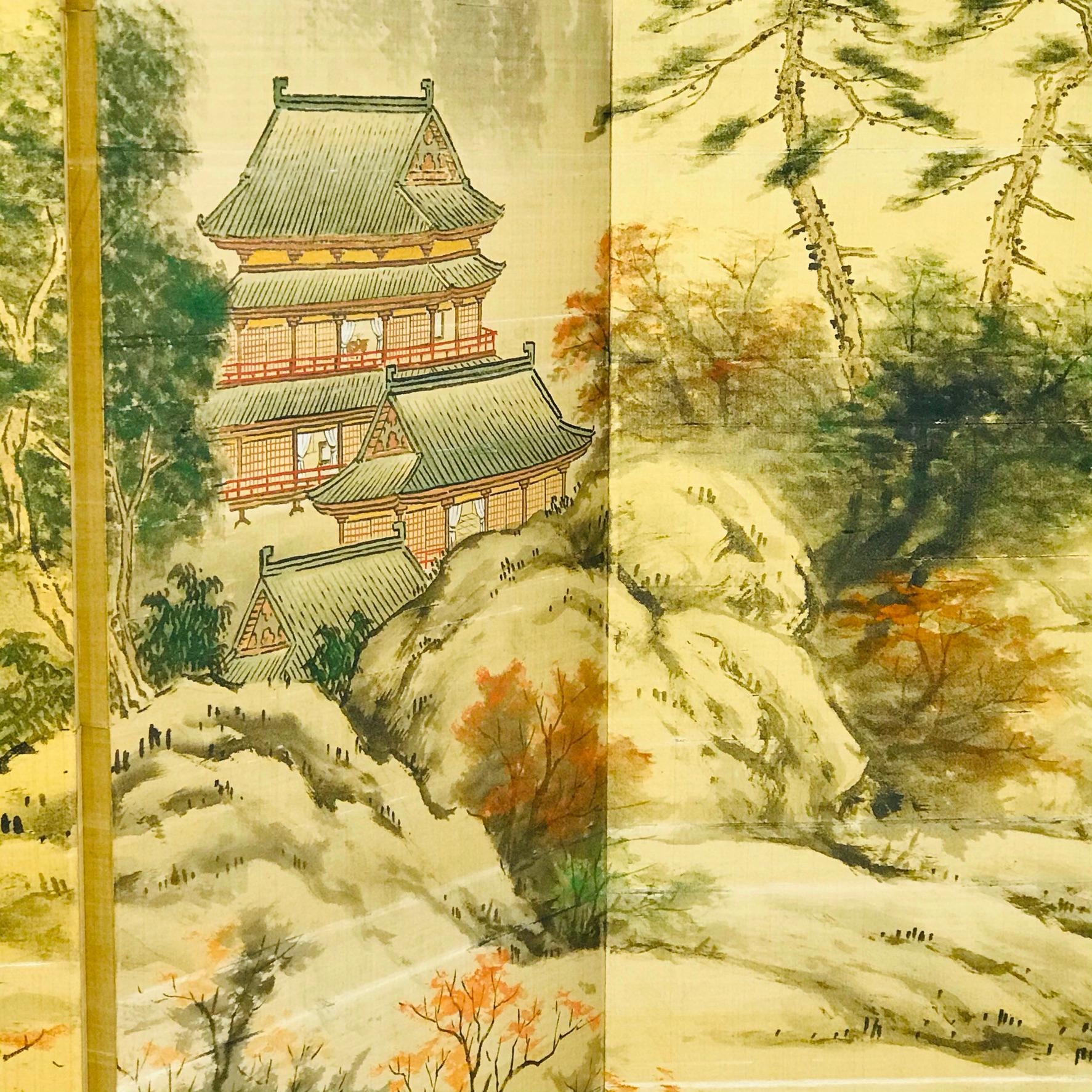 Mid-20th Century Japanese Byobu Hand Painted Silk Screen