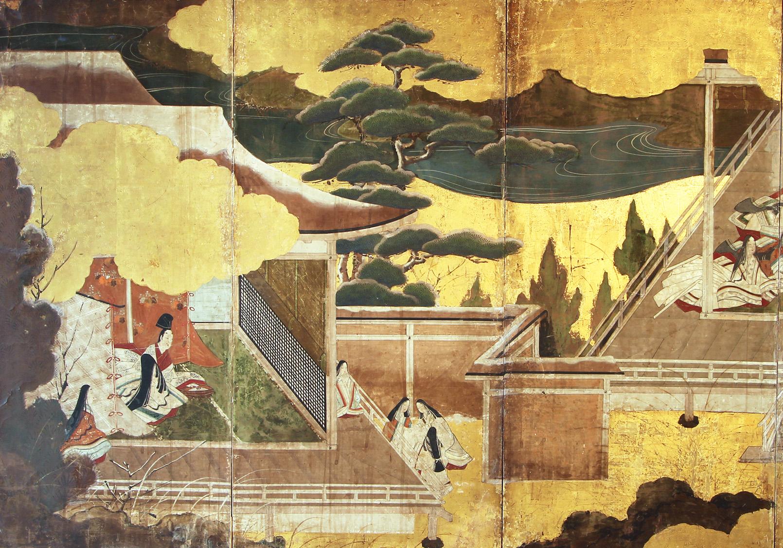 Six-panel folding screen depicting the famous legend of Hikaru Genji, a nobleman of extraordinary grace and beauty, and his gallant adventures at court.
The novel Genji Monogatari, written in the year 1006, is the most important work of Japanese