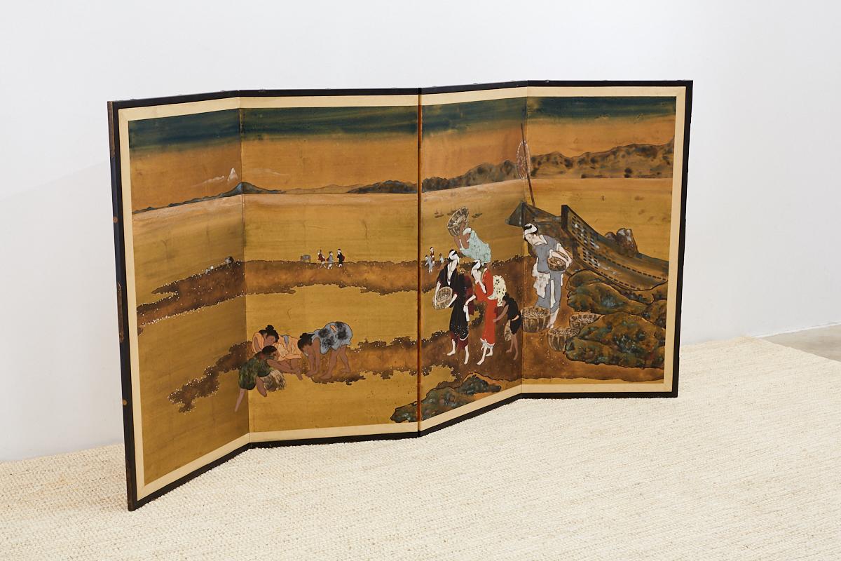 Stunning Japanese four-panel Byobu screen of women shell gathering at low tide after Katsushika Hokusai (Japanese 1760-1849) watercolor on squares of gold leaf. Amazing painting where the figures seem to come off the page with their brightly colored