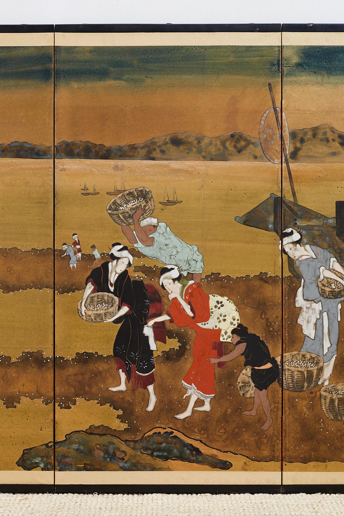 Ebonized Japanese Byobu Shell Gathering After Katsushika Hokusai