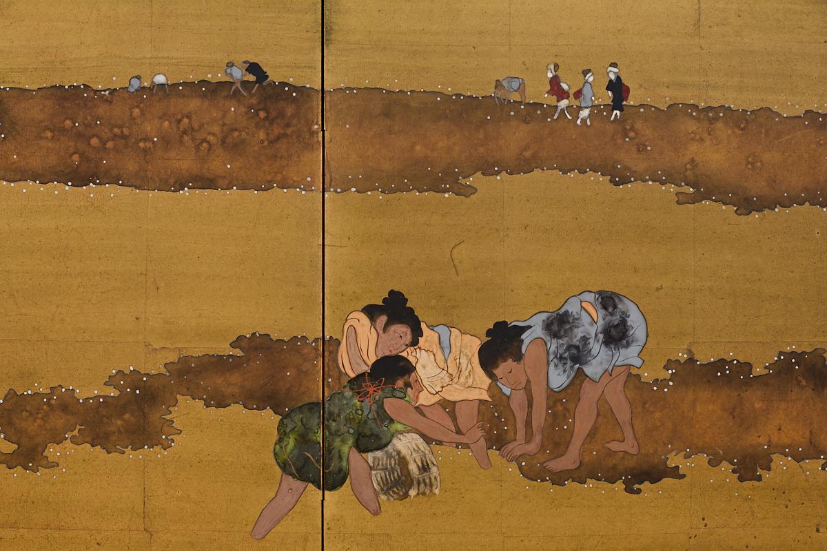 Wood Japanese Byobu Shell Gathering After Katsushika Hokusai