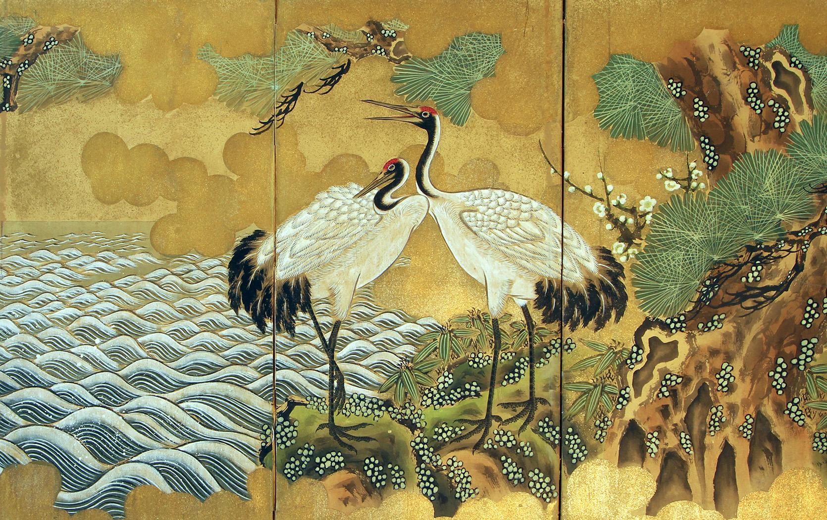 Edo Japanese Byobu - Six Panel Japanese Screen For Sale