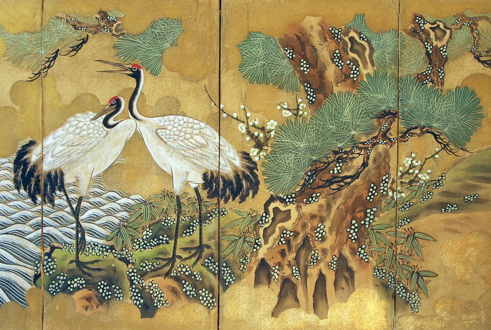 Hand-Painted Japanese Byobu - Six Panel Japanese Screen For Sale