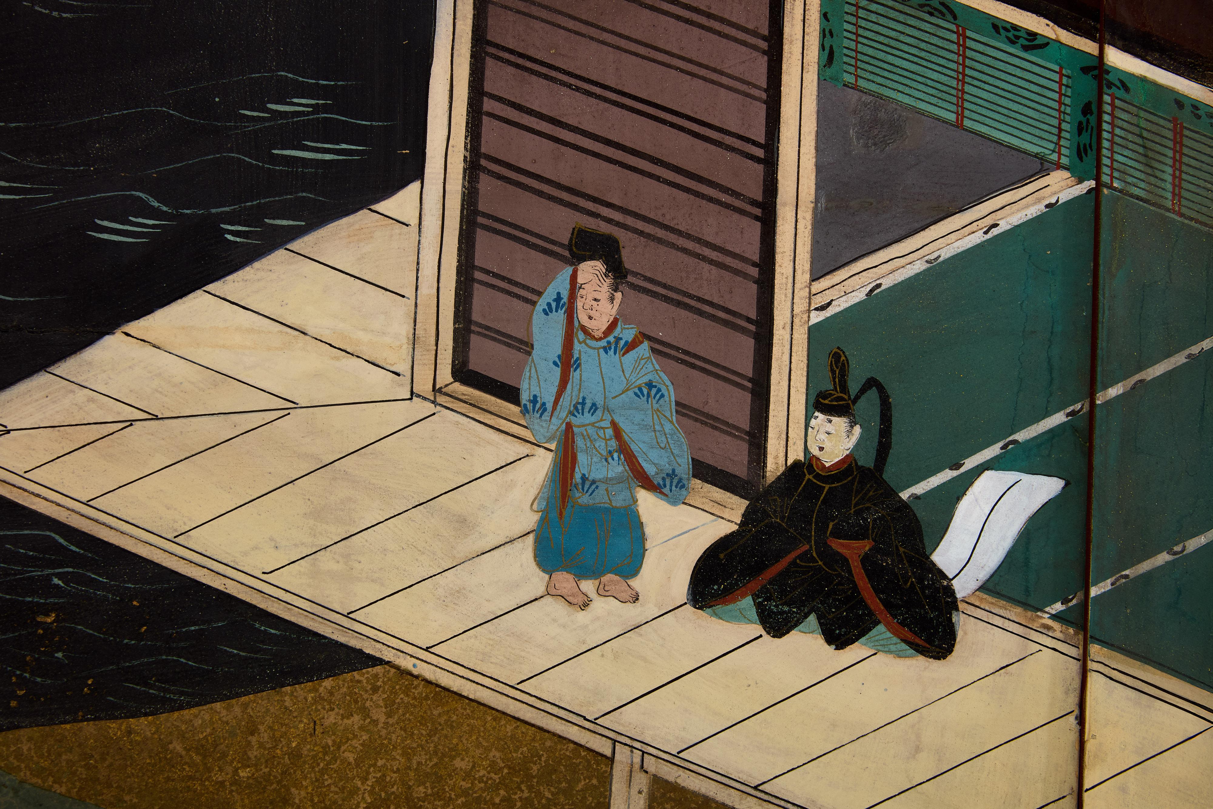 Beautiful Edo period Japanese Byobu six panel screen from the early 19th century depicting scenes from the Tale of Genji, with pavilions, gardens and women of the court wearing kimonos. It is hand painted with mineral pigments, inks and gold on
