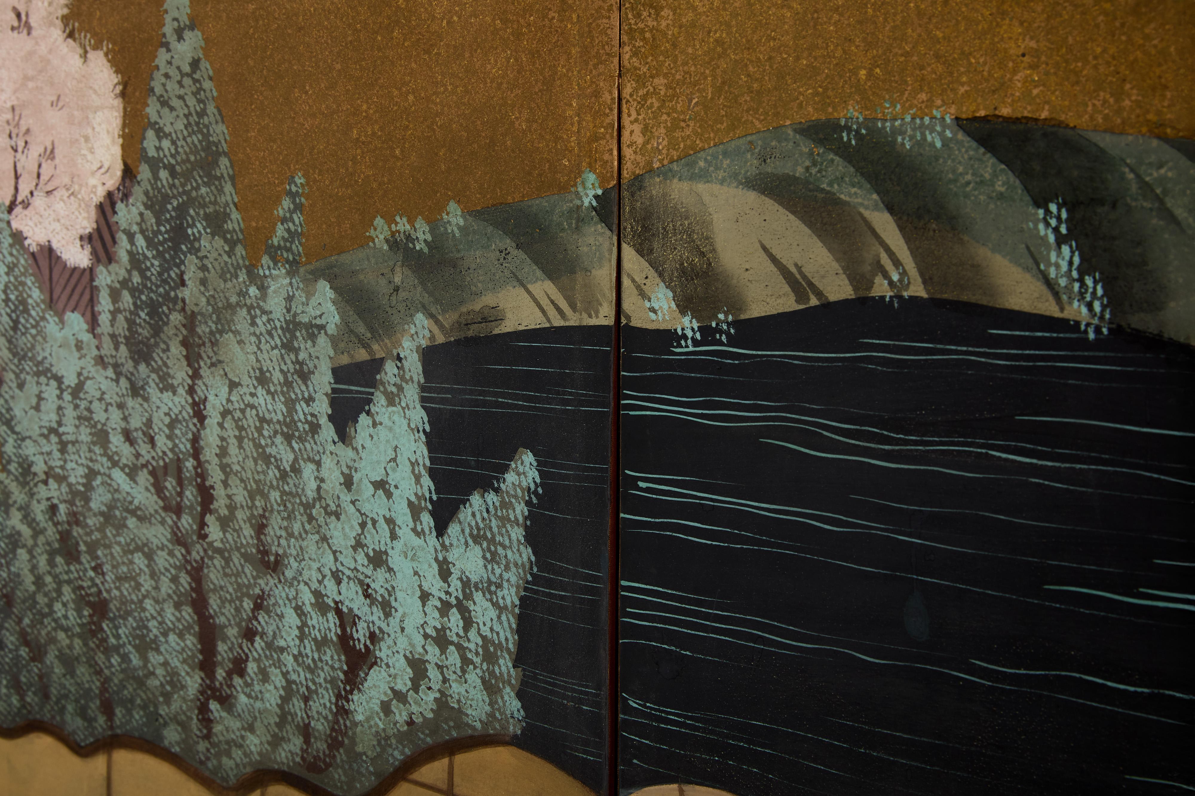 Japanese Byobu six panels screen on paper Edo Period 19th century In Good Condition For Sale In Paris, IDF