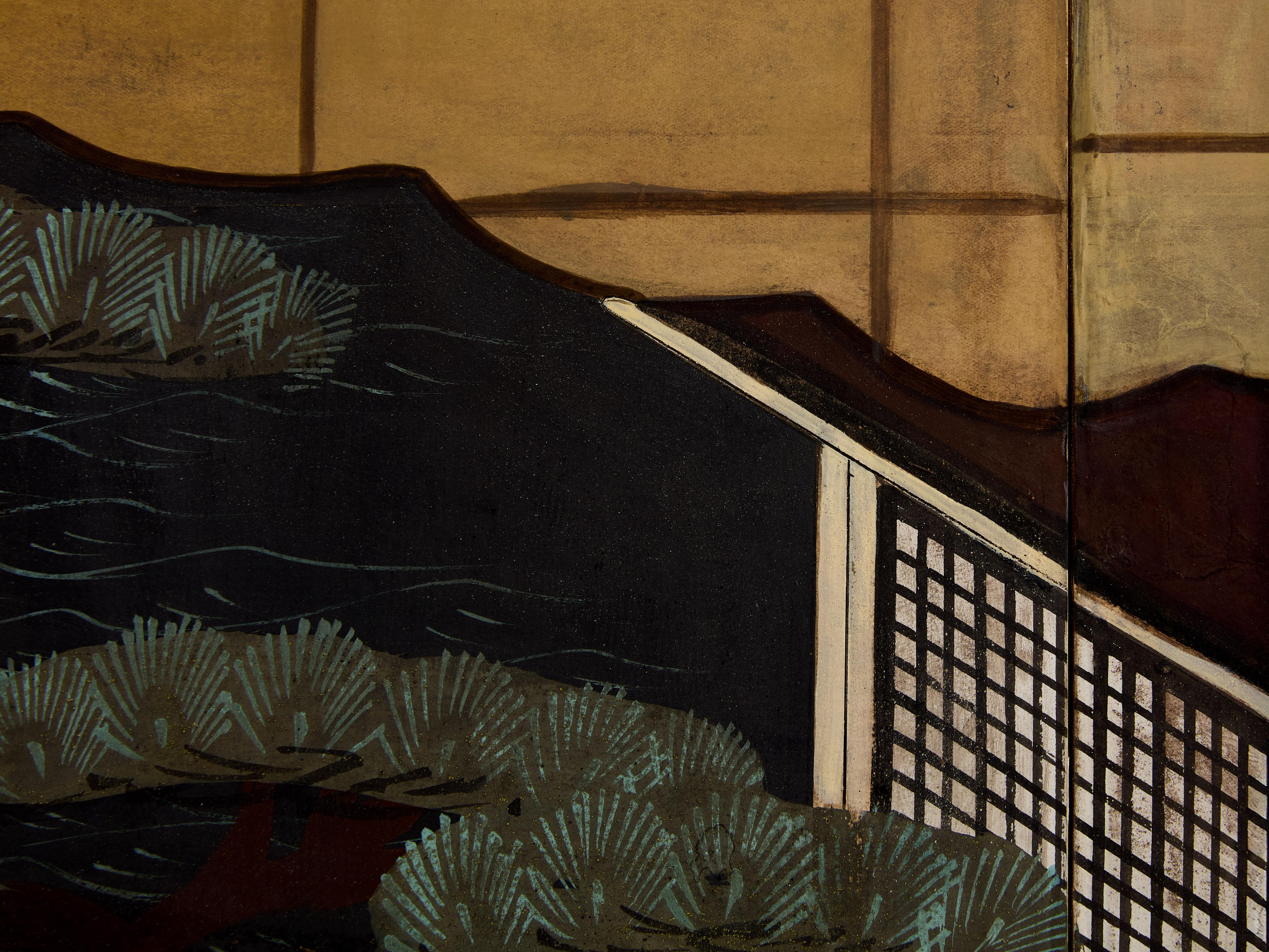 19th Century Japanese Byobu six panels screen on paper Edo Period 19th century For Sale