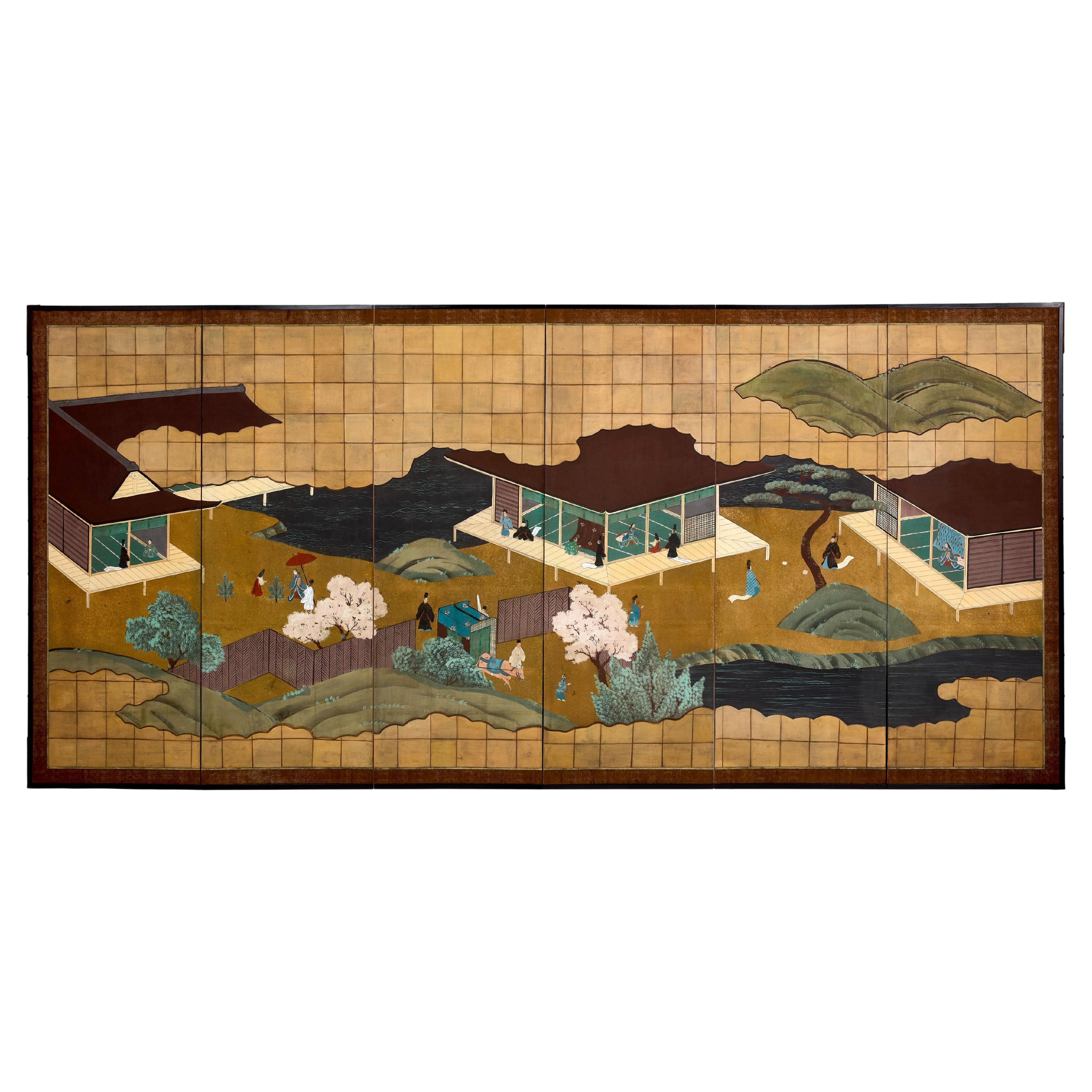 Japanese Byobu six panels screen on paper Edo Period 19th century For Sale