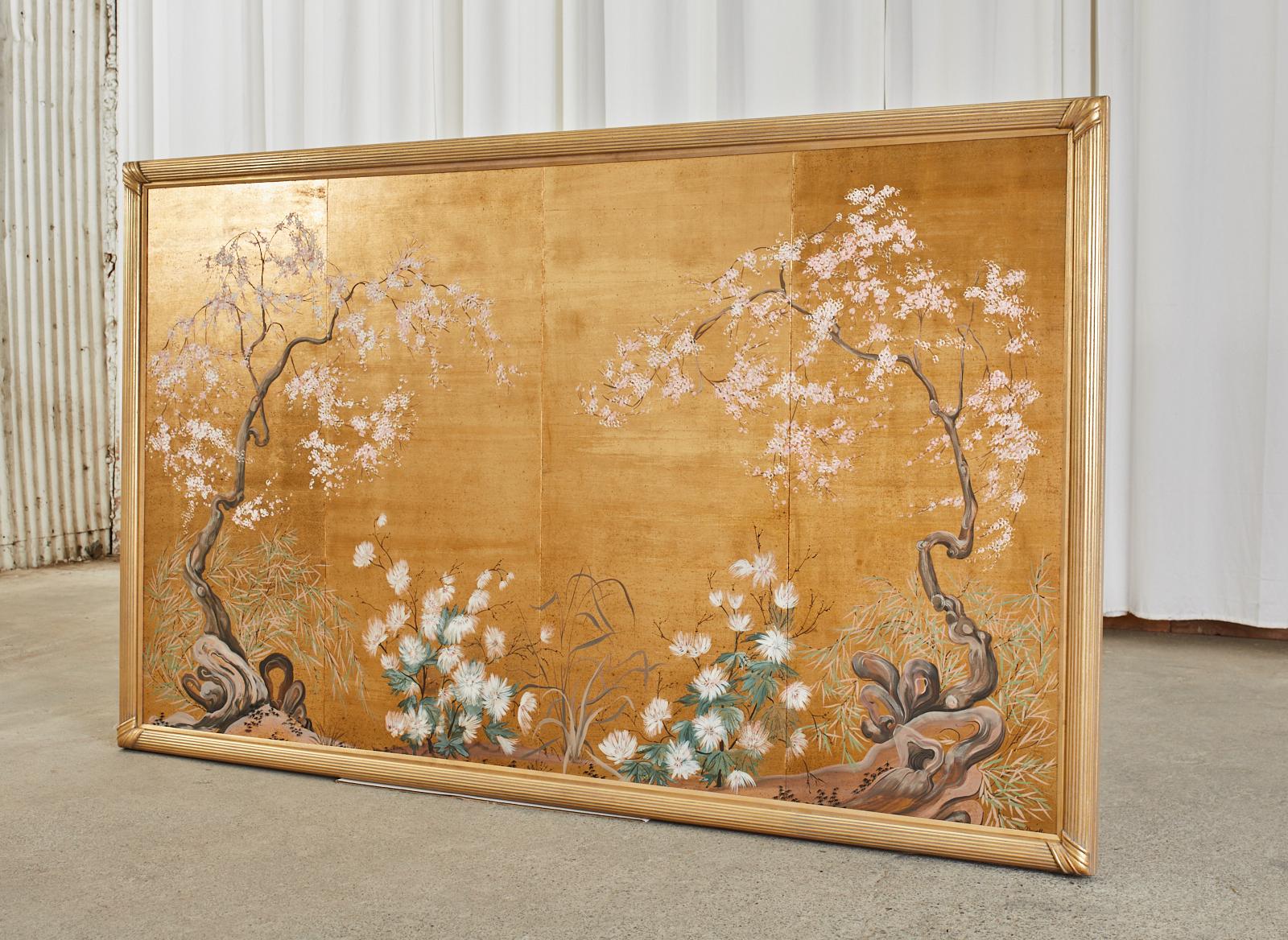 Chinoiserie Japanese Byobu Style Four Panel Mounted Screen Cherry Blossoms