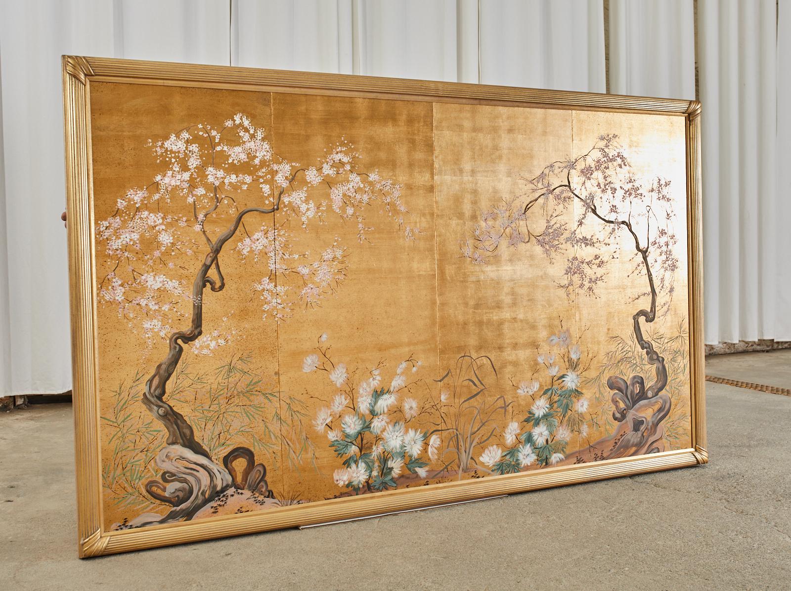 American Japanese Byobu Style Four Panel Mounted Screen Cherry Blossoms
