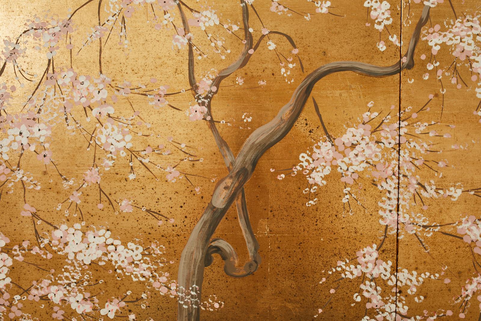 20th Century Japanese Byobu Style Four Panel Mounted Screen Cherry Blossoms