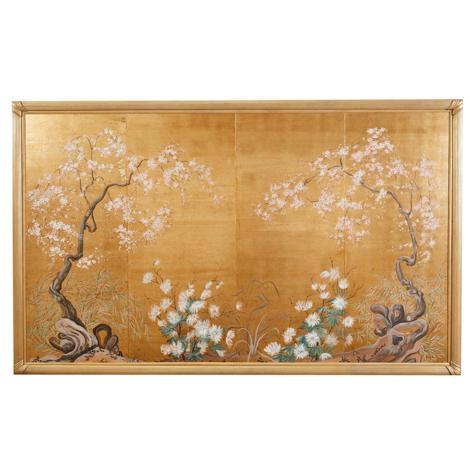 Japanese Byobu Style Four Panel Mounted Screen Cherry Blossoms