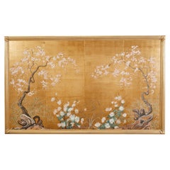 Japanese Byobu Style Four Panel Mounted Screen Cherry Blossoms