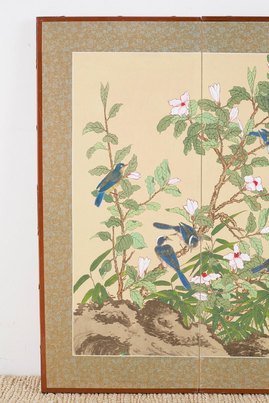 Hollywood Regency Japanese Byobu Style Screen Spring Song Birds and Flowers