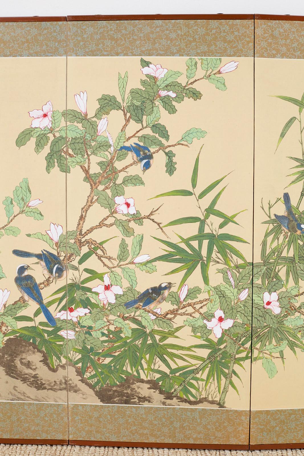 Asian Japanese Byobu Style Screen Spring Song Birds and Flowers