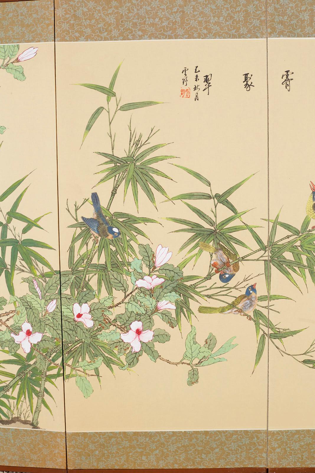 Hand-Painted Japanese Byobu Style Screen Spring Song Birds and Flowers
