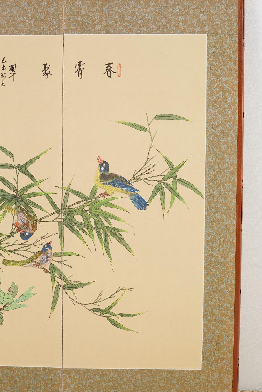 Japanese Byobu Style Screen Spring Song Birds and Flowers In Good Condition In Rio Vista, CA