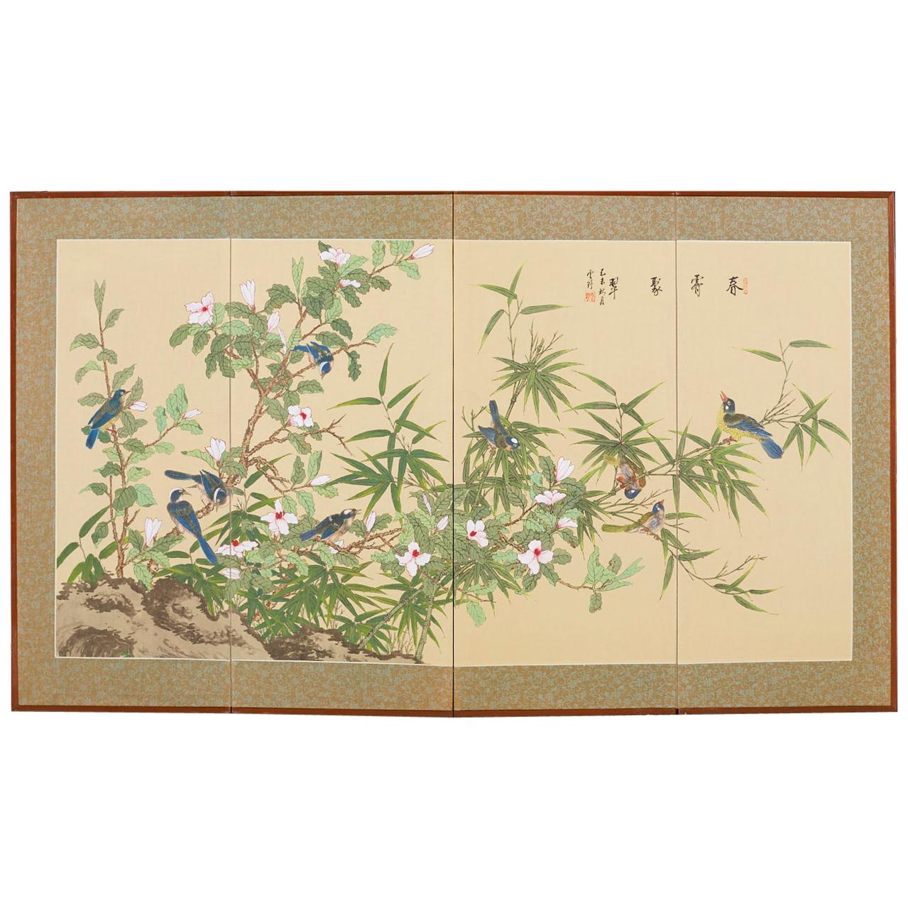 Japanese Byobu Style Screen Spring Song Birds and Flowers