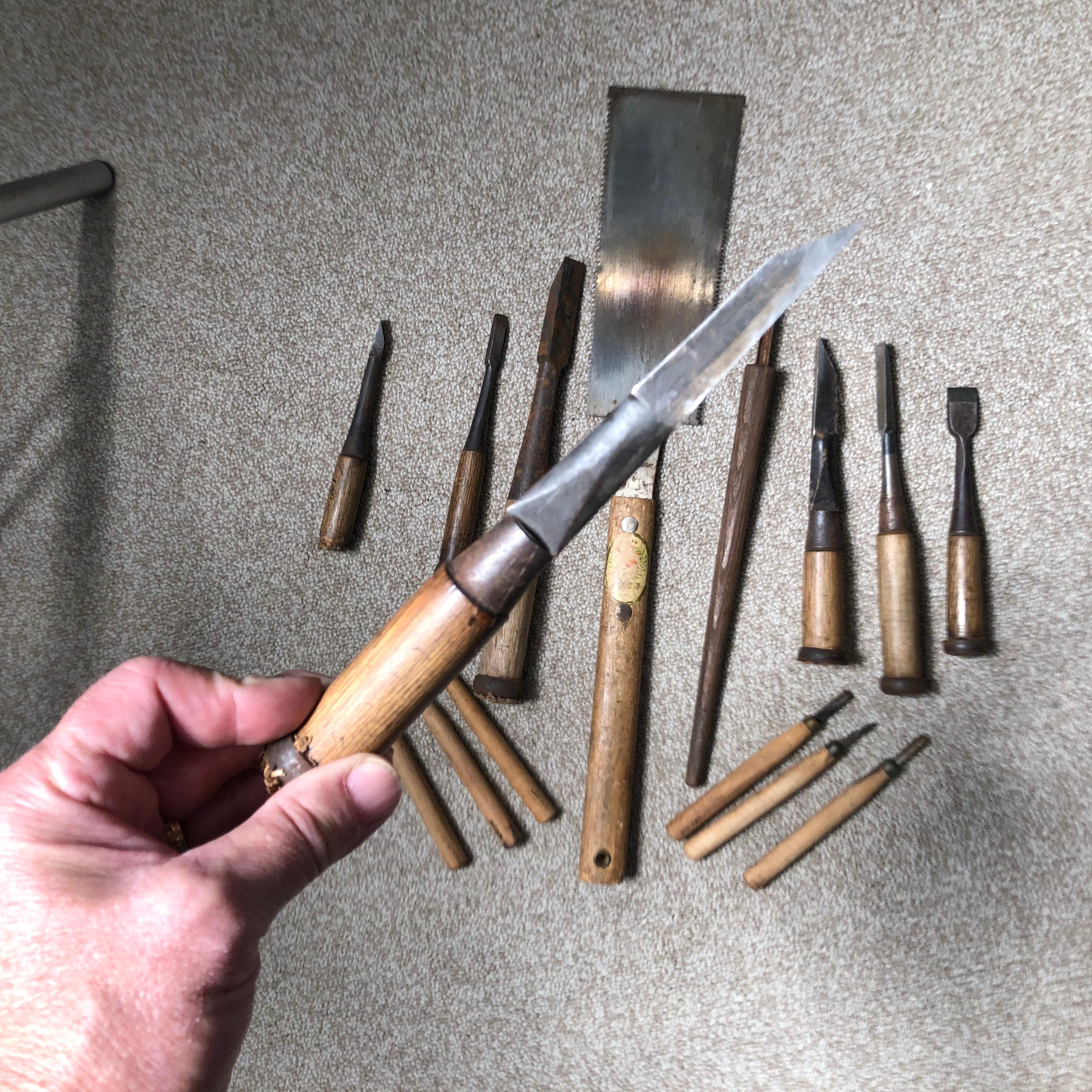 Wood Japanese Carpenter's Cache 15 Antique Professional Tools, Saw and Chisels