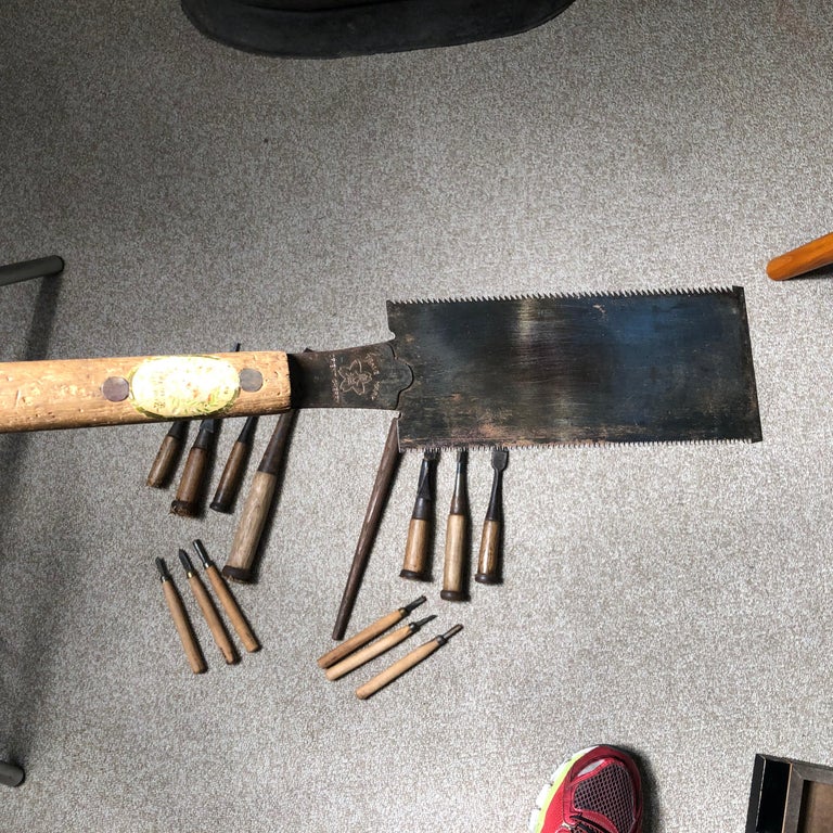 Japanese Carpenter's Cache 15 Antique Professional Tools, Saw and