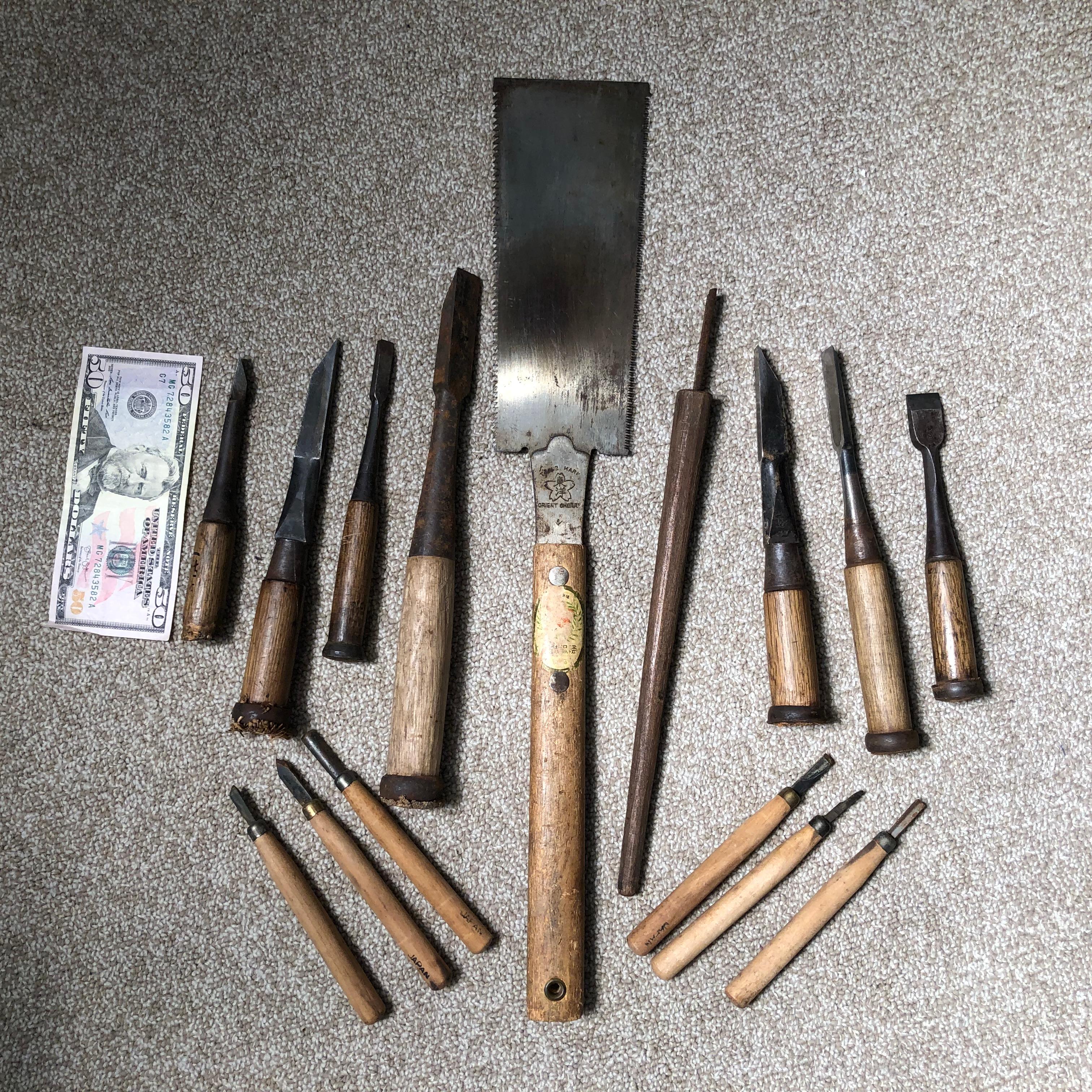 Here's a rare find from a collector we visited in Japan. A very unusual treasure from Japan. 

This is a cache of 15 Old antique Japanese professional carpenter's wood tools including a fine 19.5 inch signed saw, plus 14 various old antique