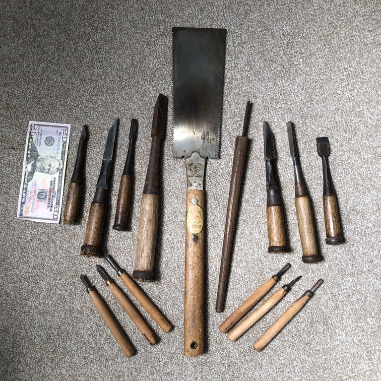 Japanese Carpenter's Cache 15 Antique Professional Tools, Saw and
