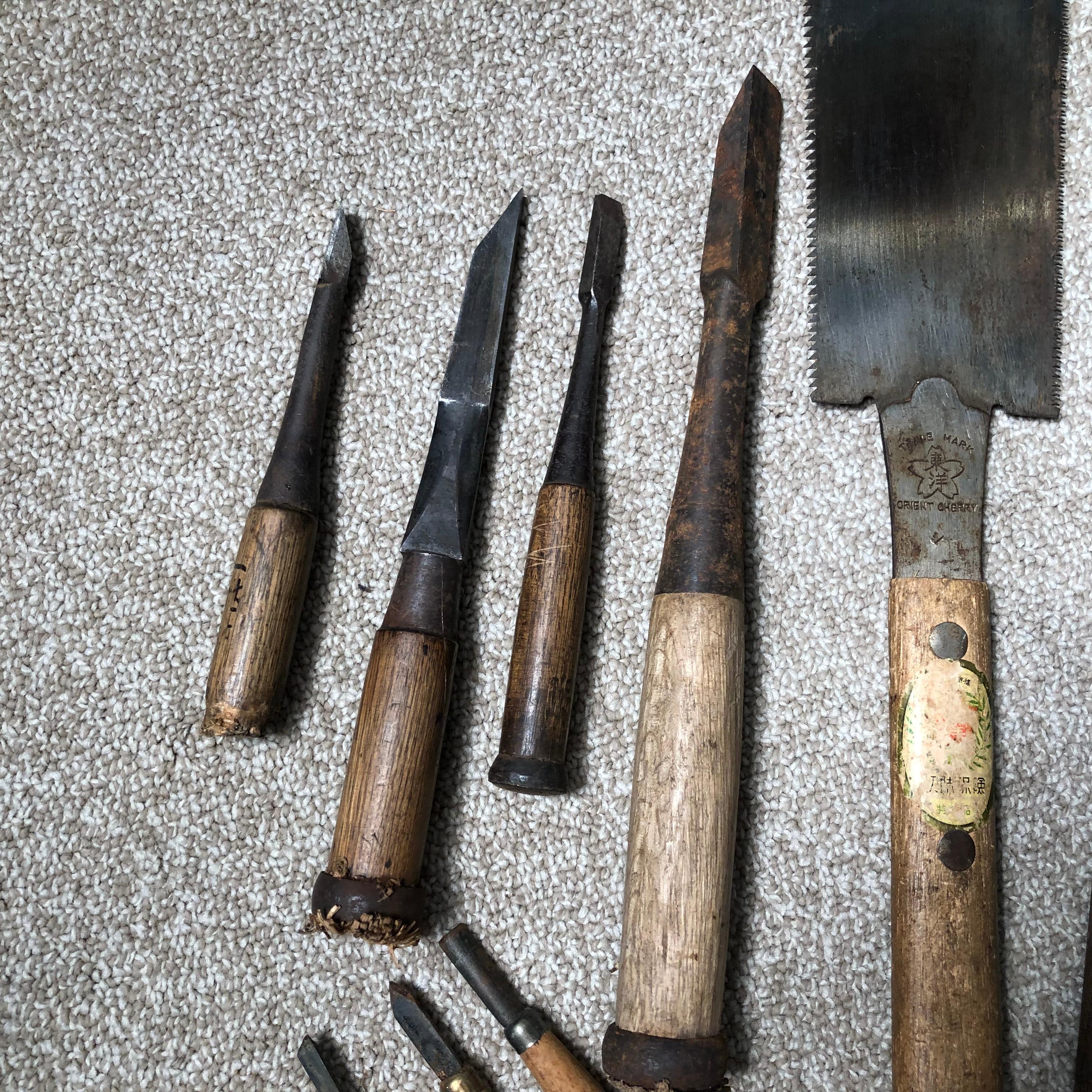 20th Century Japanese Carpenter's Cache 15 Antique Professional Tools, Saw and Chisels