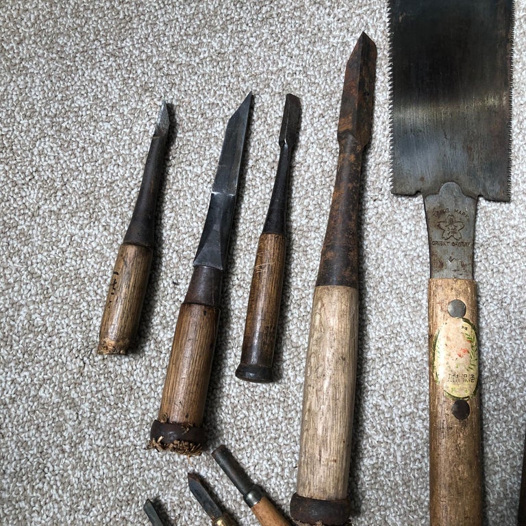 Japanese Carpenter's Cache 15 Antique Professional Tools, Saw and