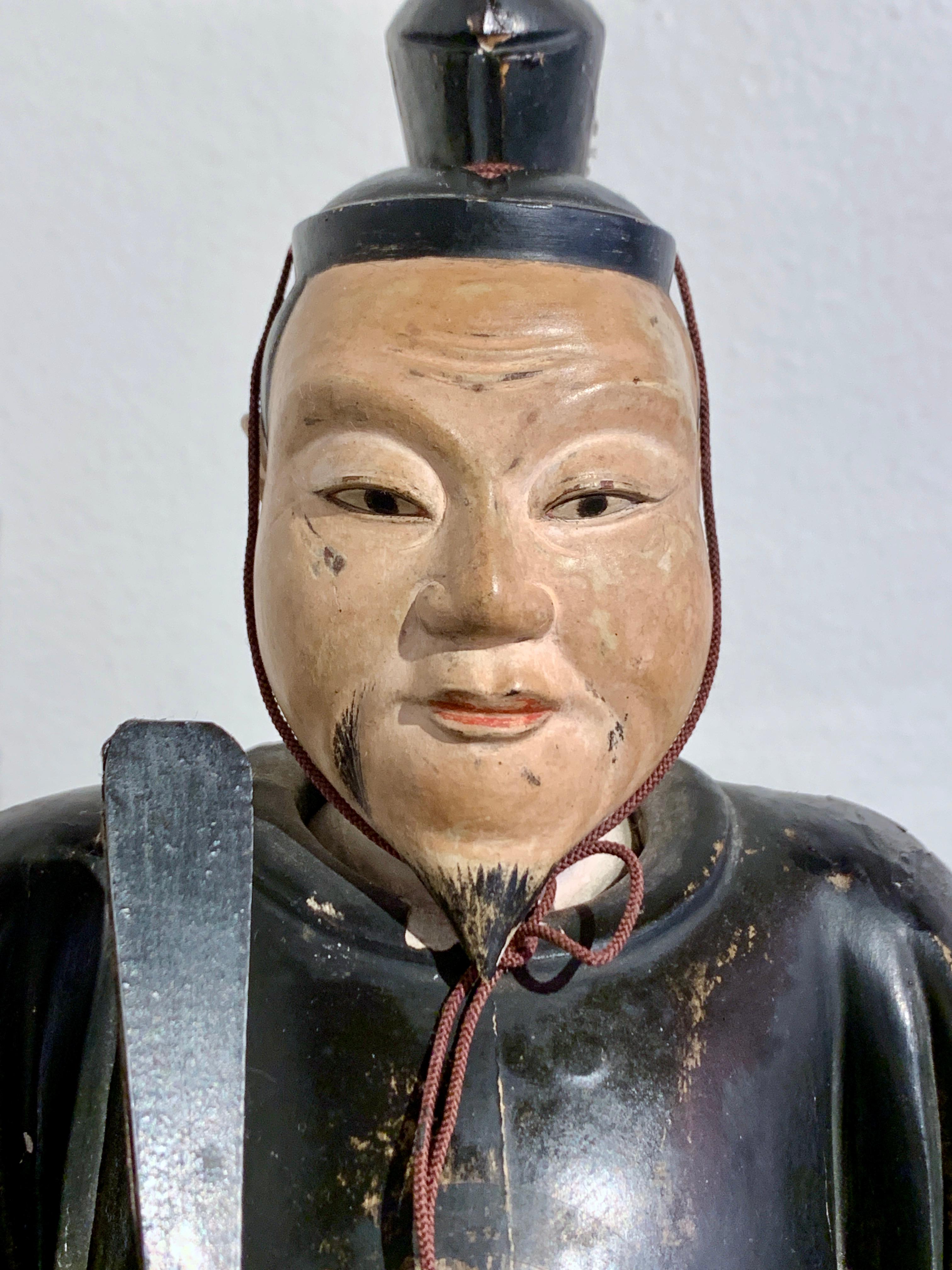 Japanese Carved and Lacquered Wood Shogun, Edo Period, 19th Century, Japan In Fair Condition For Sale In Austin, TX