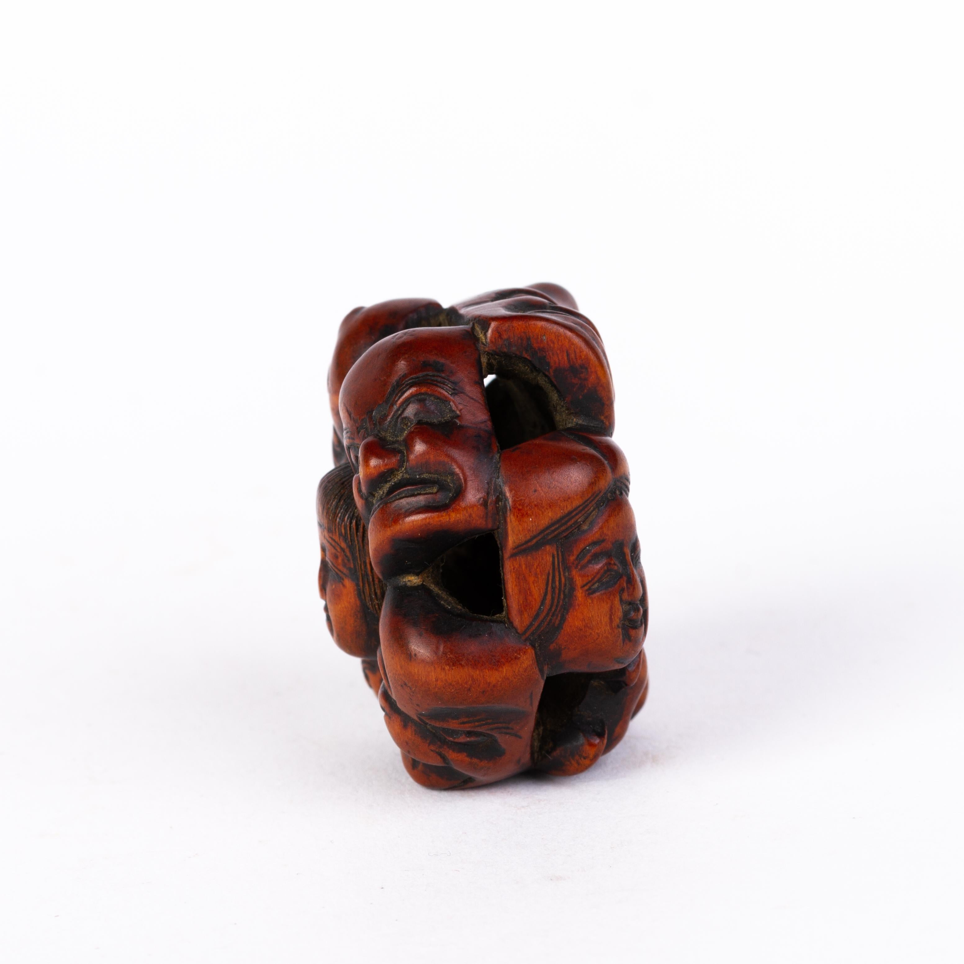 Japanese Carved Boxwood Netsuke Faces & Masks Inro Ojime In Good Condition For Sale In Nottingham, GB