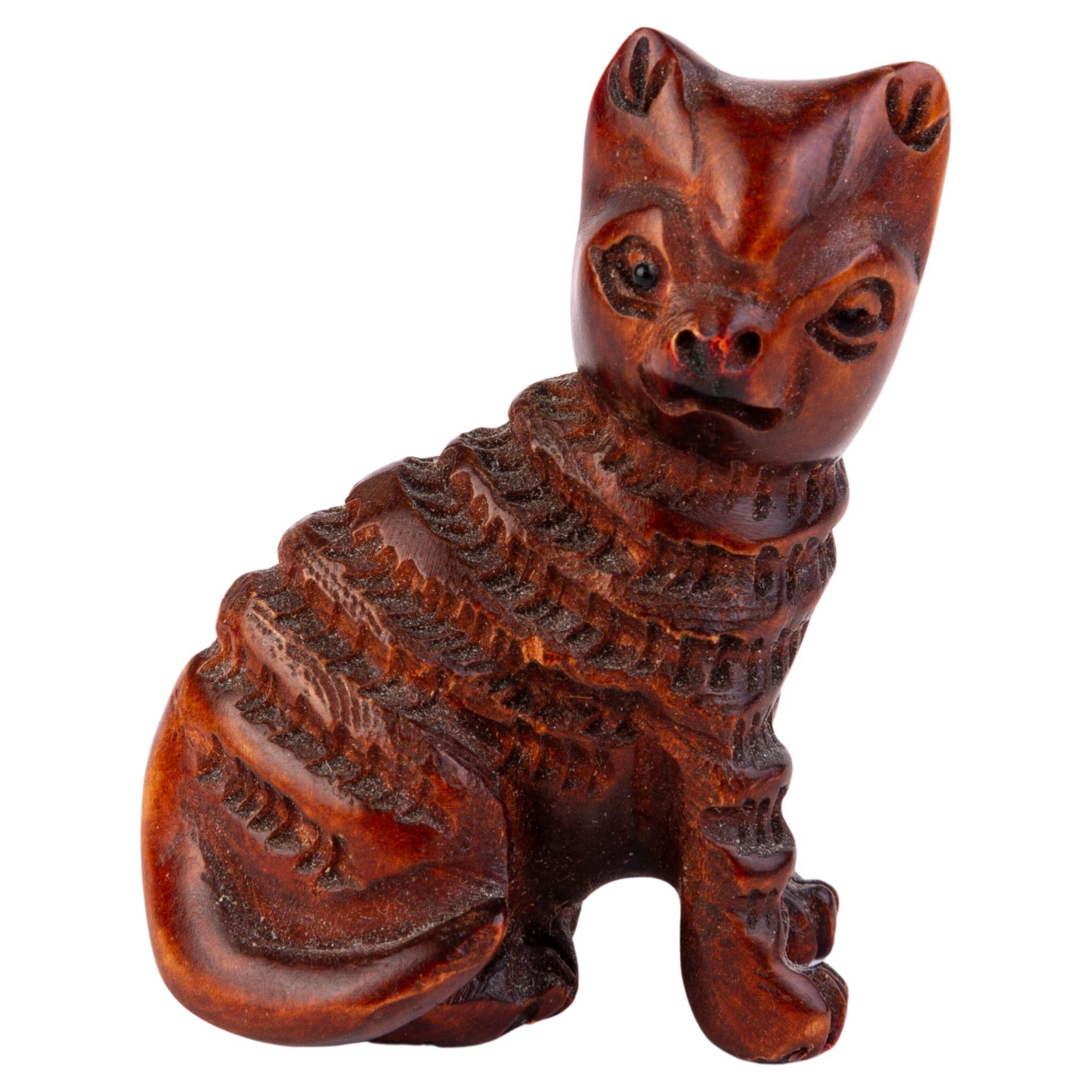 Japanese Carved Boxwood Netsuke Inro of a Cat