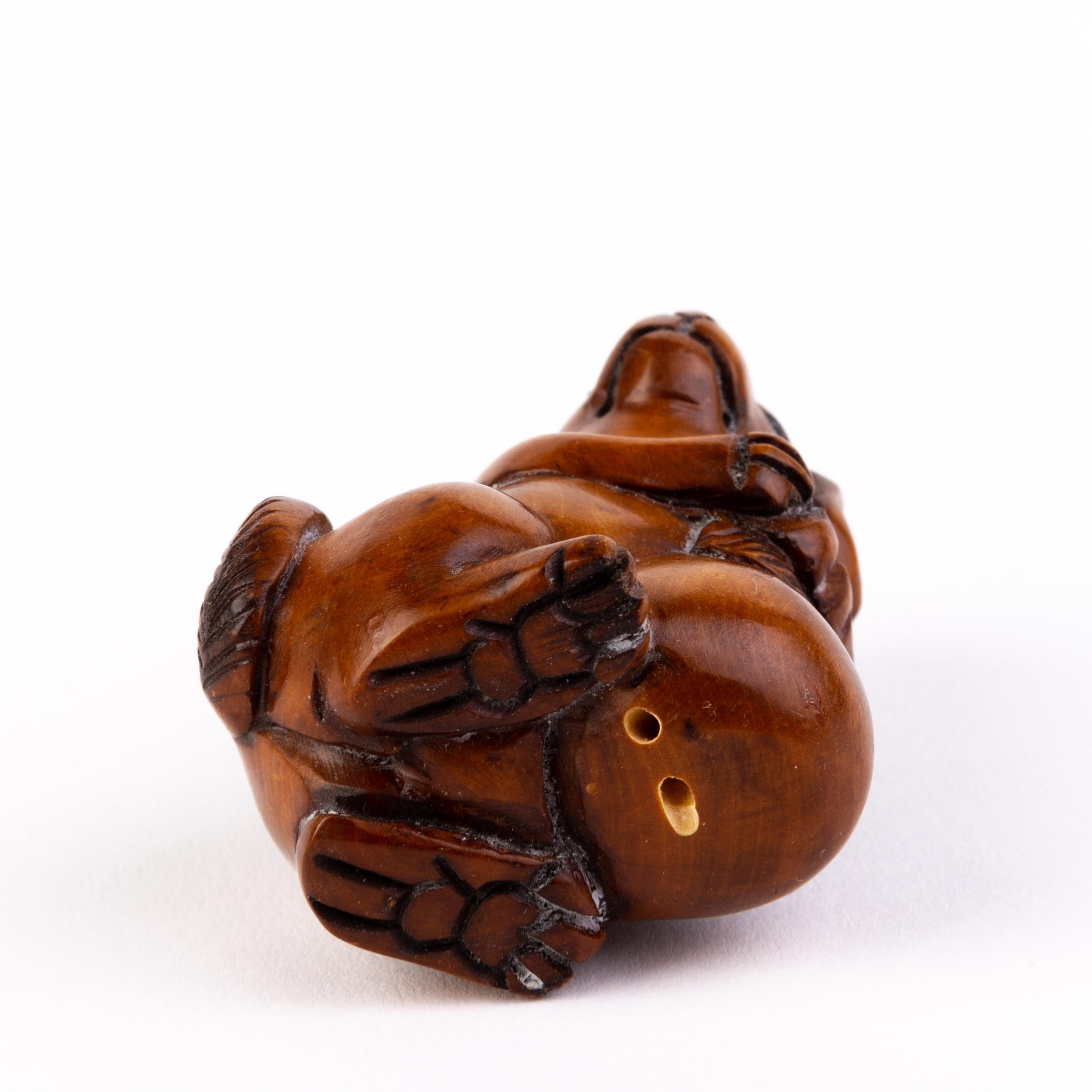 Japanese Carved Boxwood Netsuke Inro of a Puppy For Sale 1
