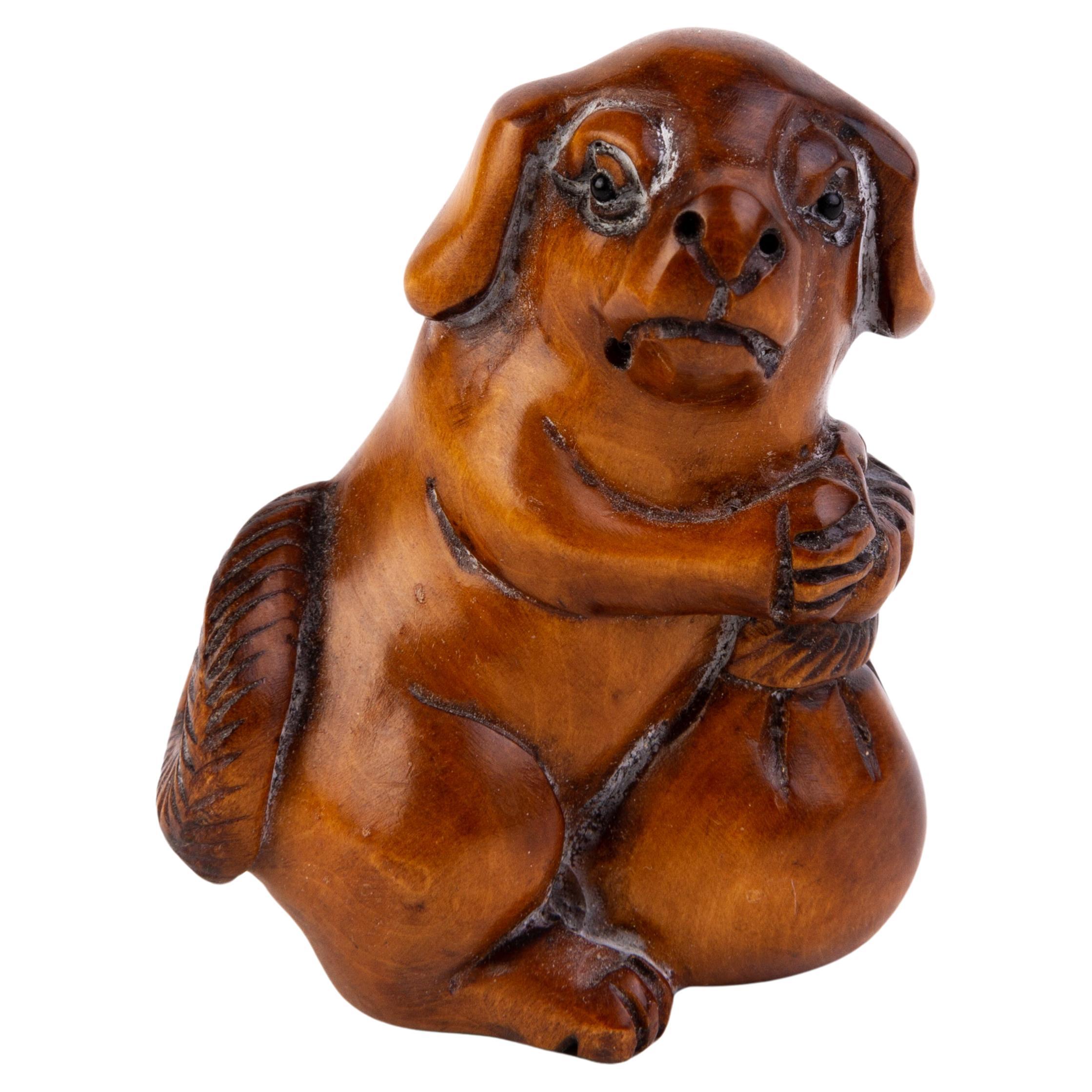 Japanese Carved Boxwood Netsuke Inro of a Puppy For Sale