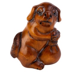 Japanese Carved Boxwood Netsuke Inro of a Puppy