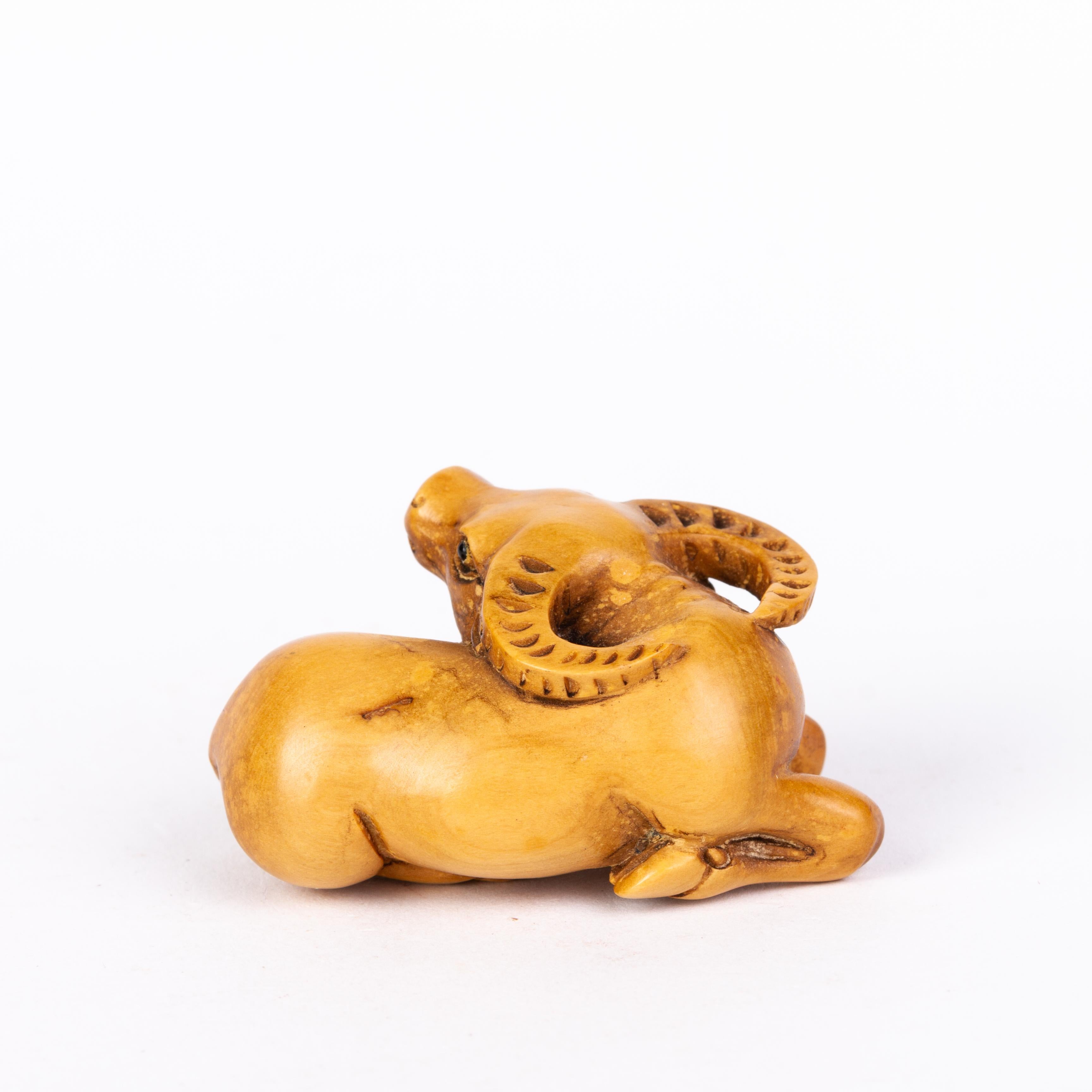 Hand-Carved Japanese Carved Boxwood Ox Netsuke Inro Ojime For Sale