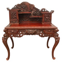 Japanese Carved Desk Hardwood Bureau Meije