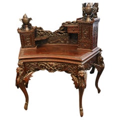 Escritorio japonés tallado Mesa de escribir Era Meiji Madera dura Asiática 1860